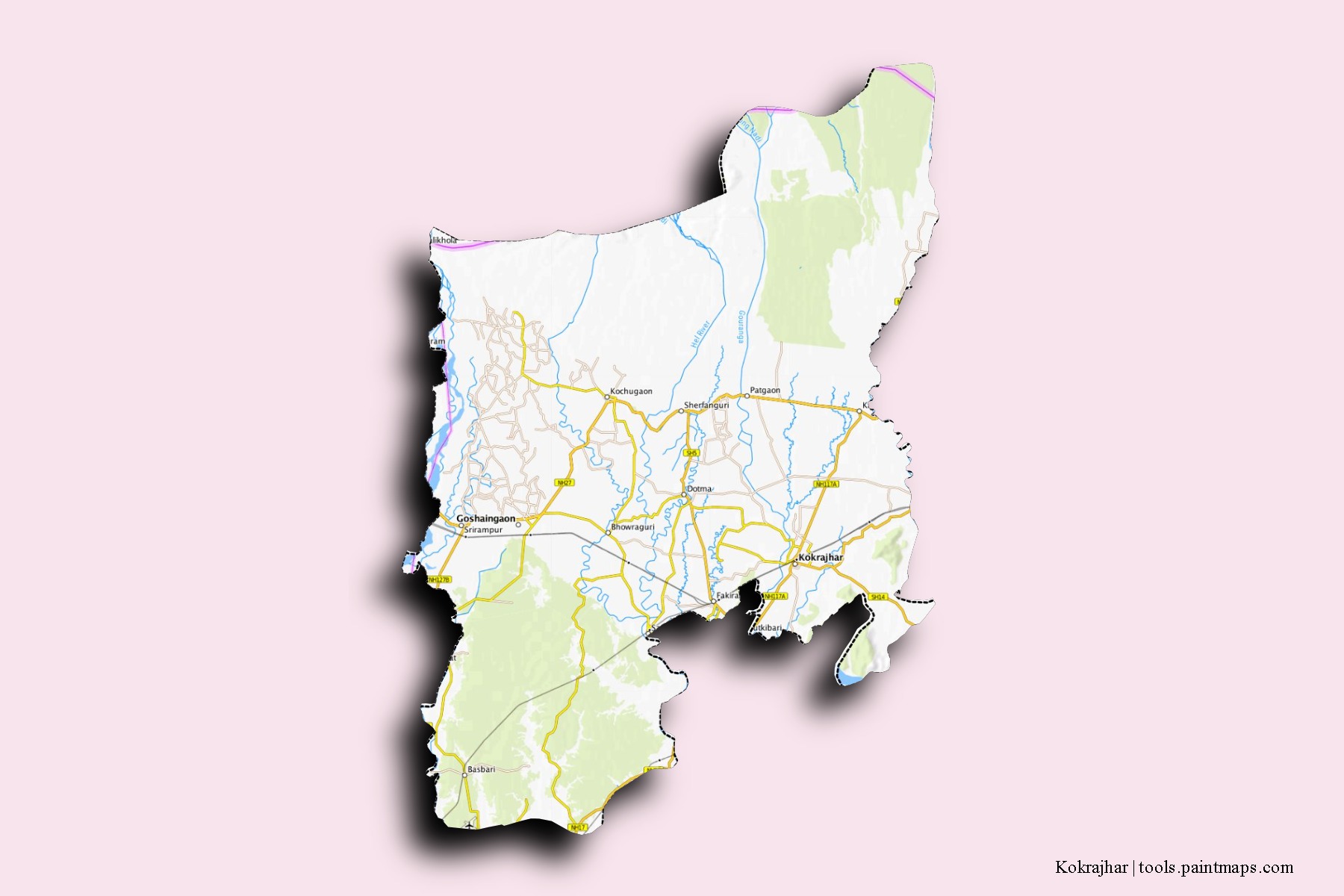 Mapa de barrios y pueblos de Kokrajhar con efecto de sombra 3D