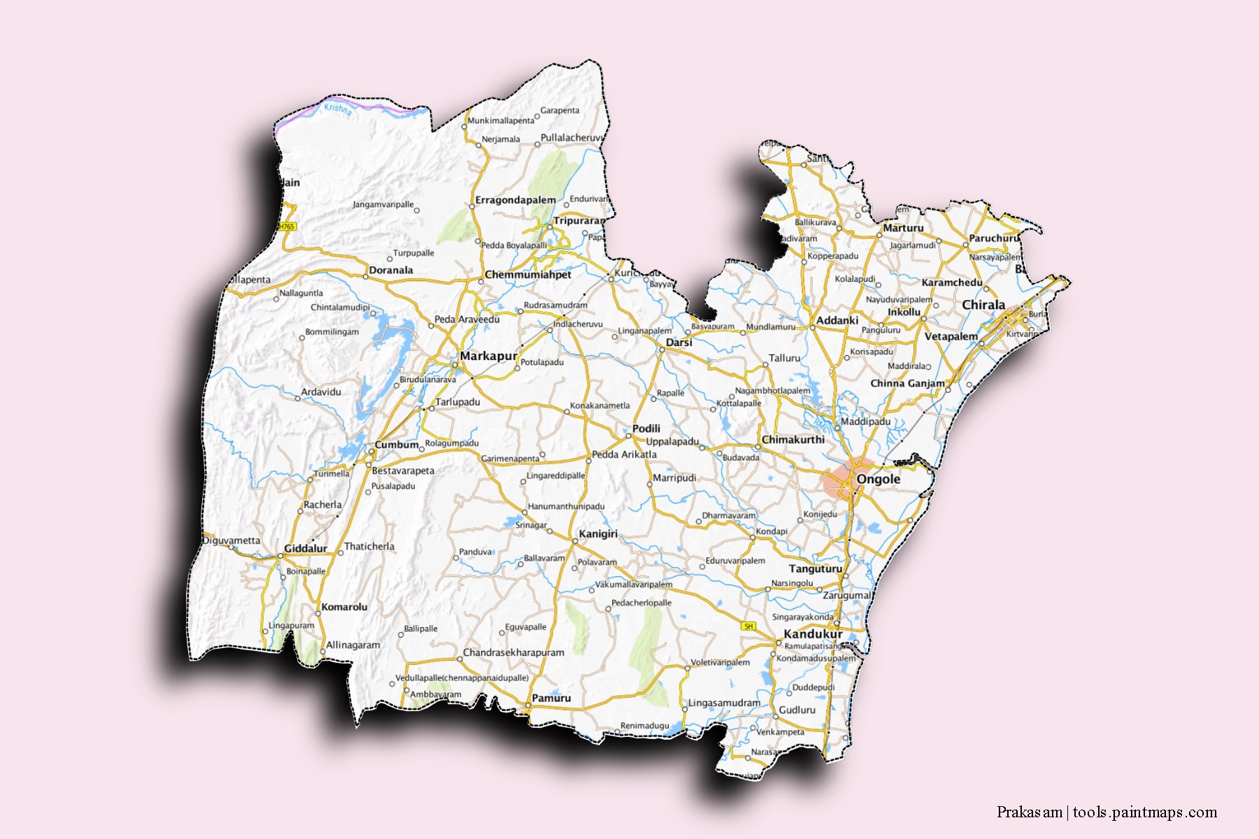 Mapa de barrios y pueblos de Prakasam con efecto de sombra 3D