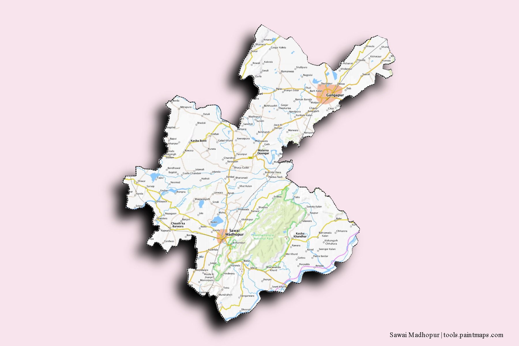 Sawai Madhopur neighborhoods and villages map with 3D shadow effect