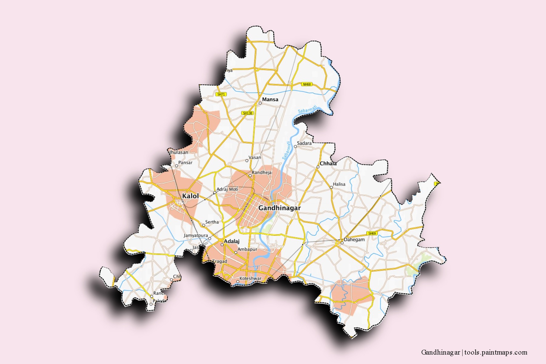 3D gölge efektli Gandhinagar mahalleleri ve köyleri haritası