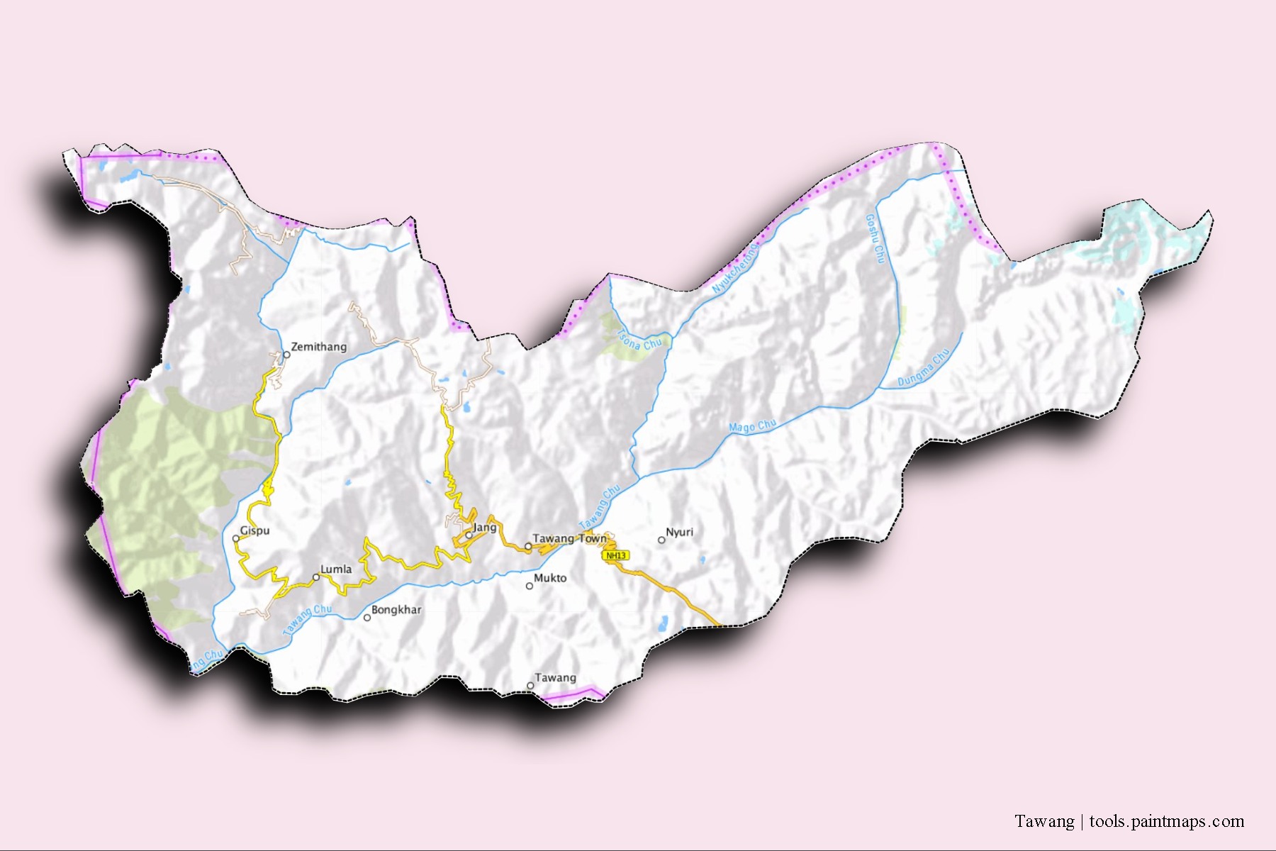 Mapa de barrios y pueblos de Tawang con efecto de sombra 3D