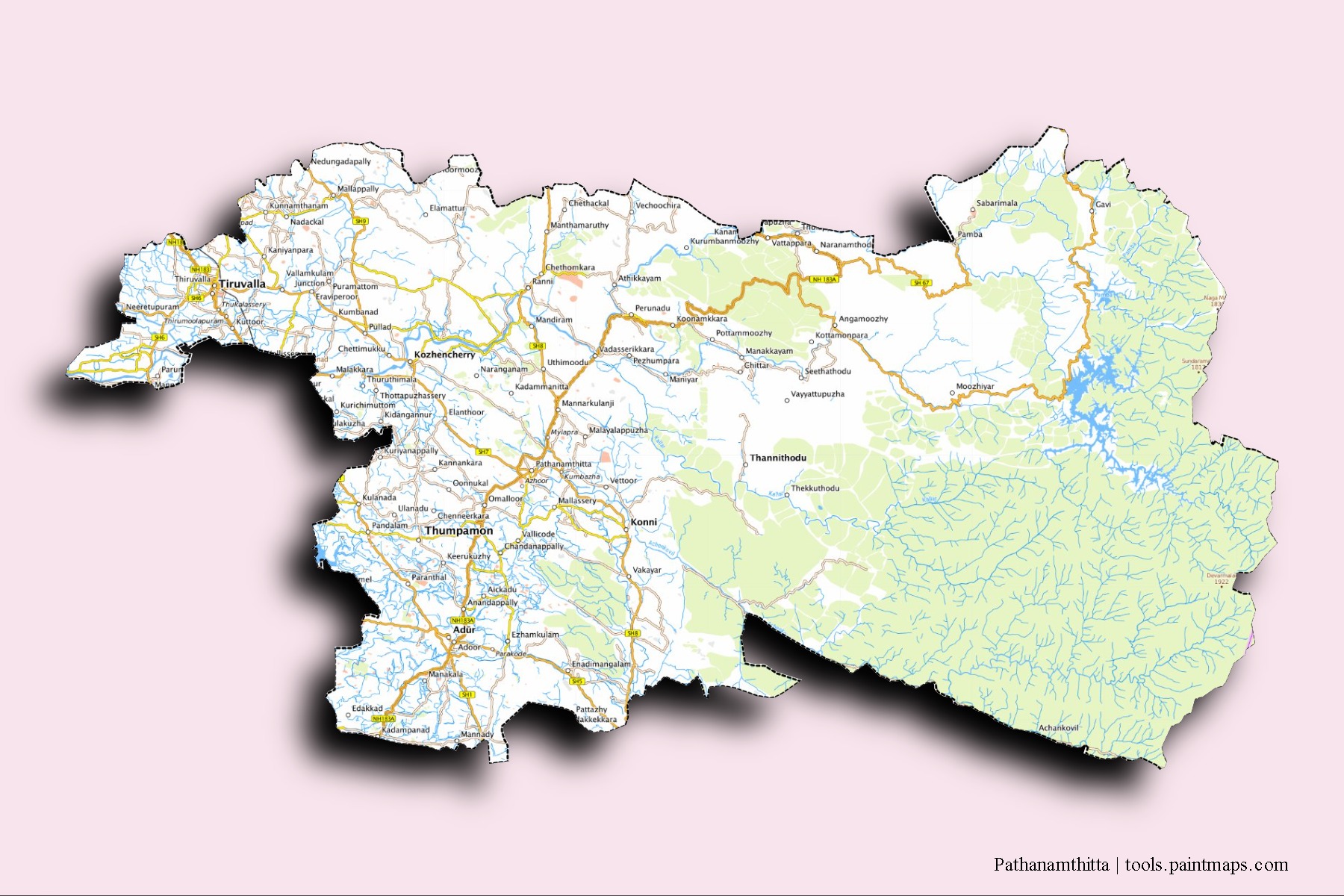 Pathanamthitta neighborhoods and villages map with 3D shadow effect