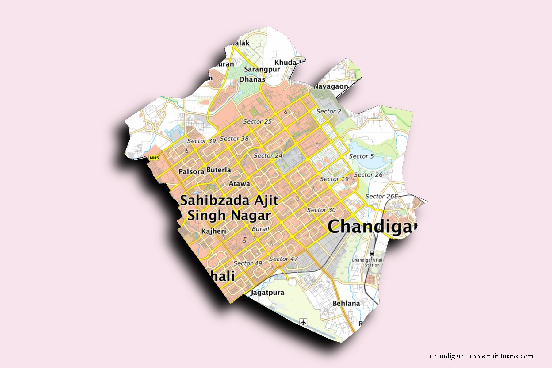 Chandigarh neighborhoods and villages map with 3D shadow effect