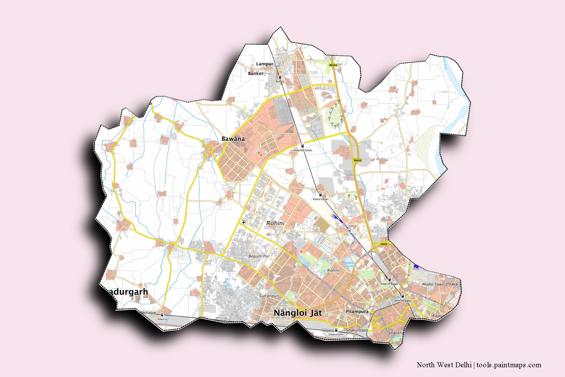 Mapa de barrios y pueblos de North West Delhi con efecto de sombra 3D