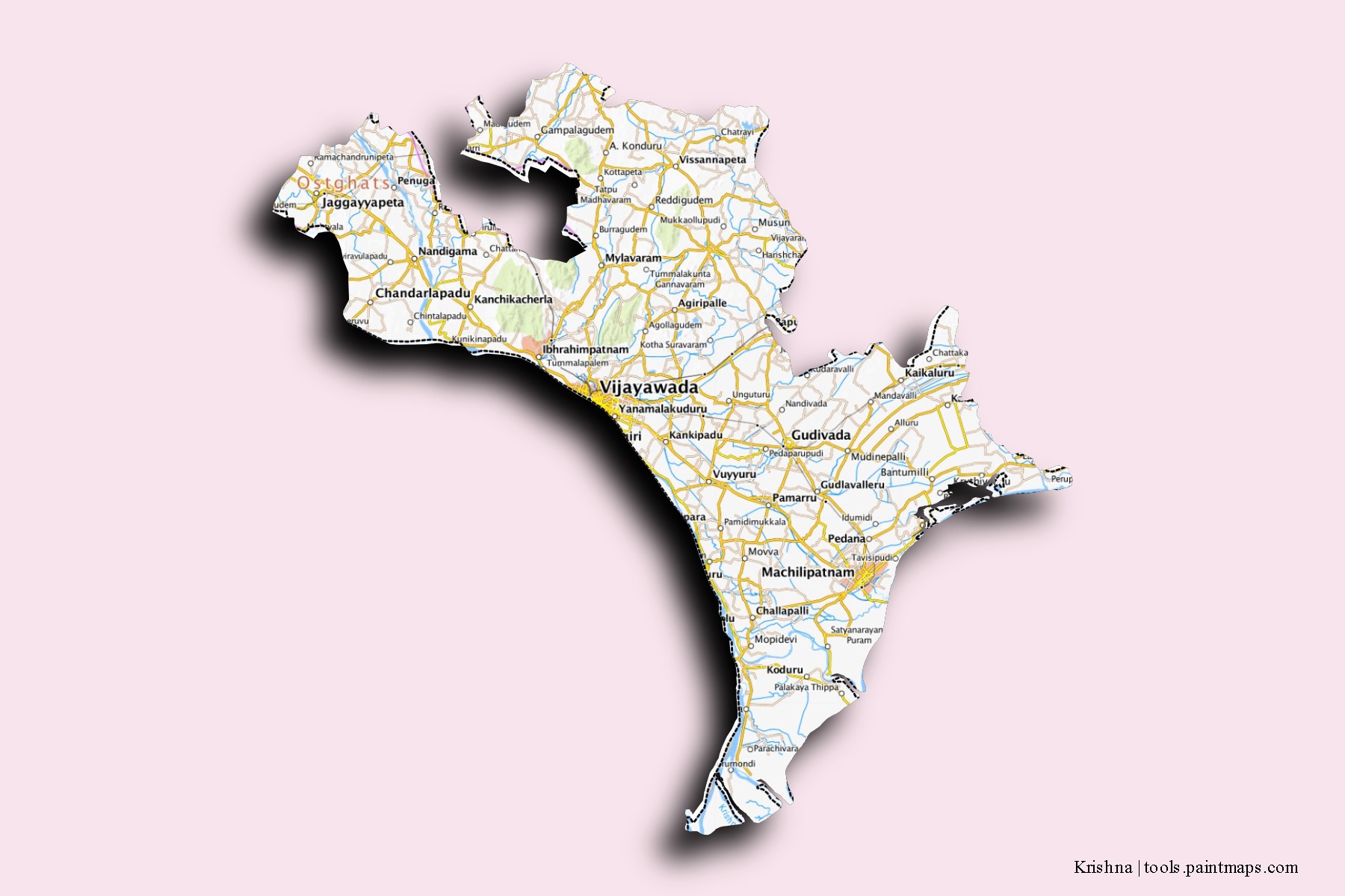 Mapa de barrios y pueblos de Krishna con efecto de sombra 3D