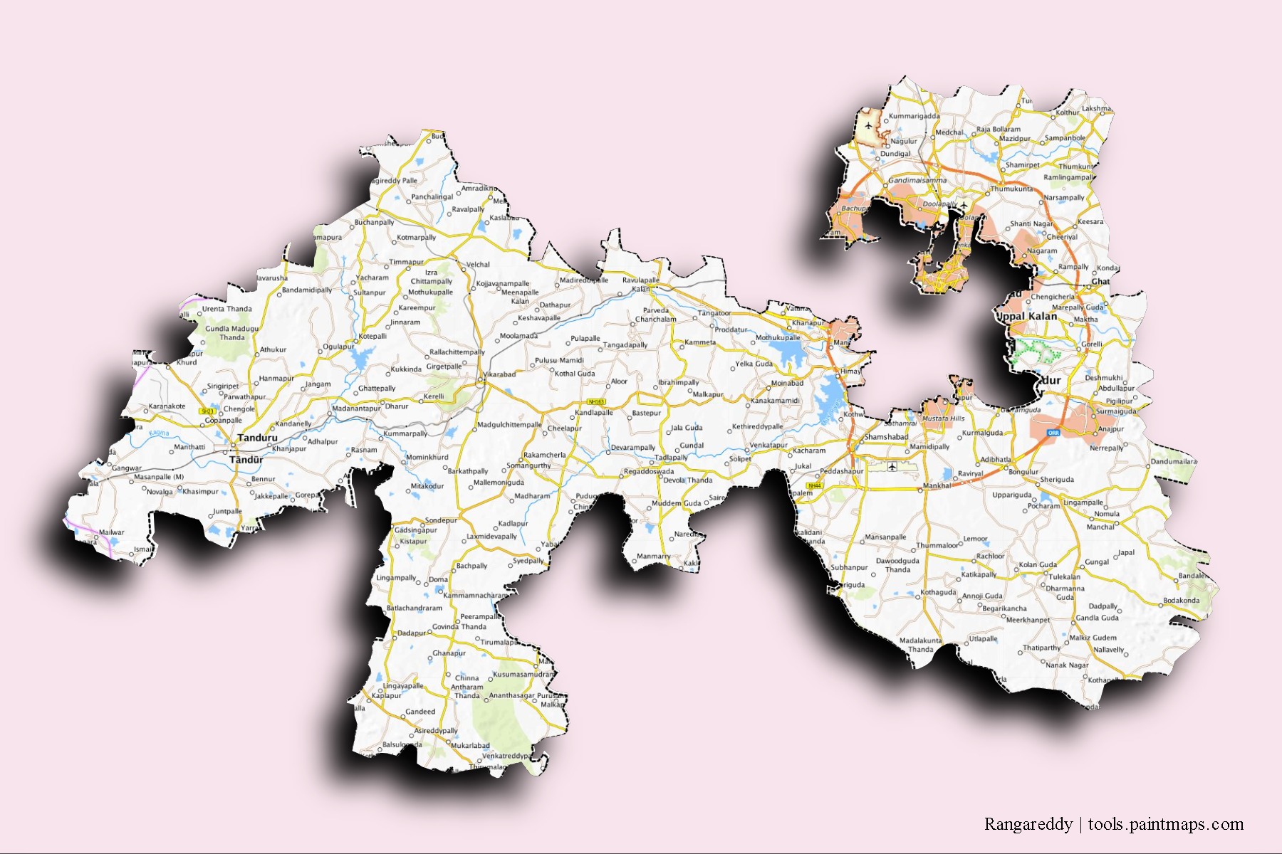 Mapa de barrios y pueblos de Rangareddy con efecto de sombra 3D