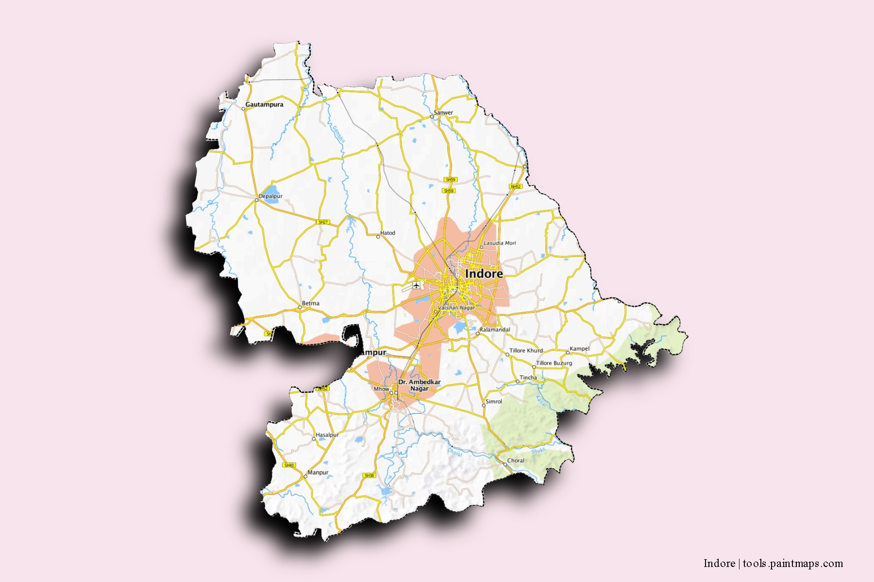 Mapa de barrios y pueblos de Indore con efecto de sombra 3D