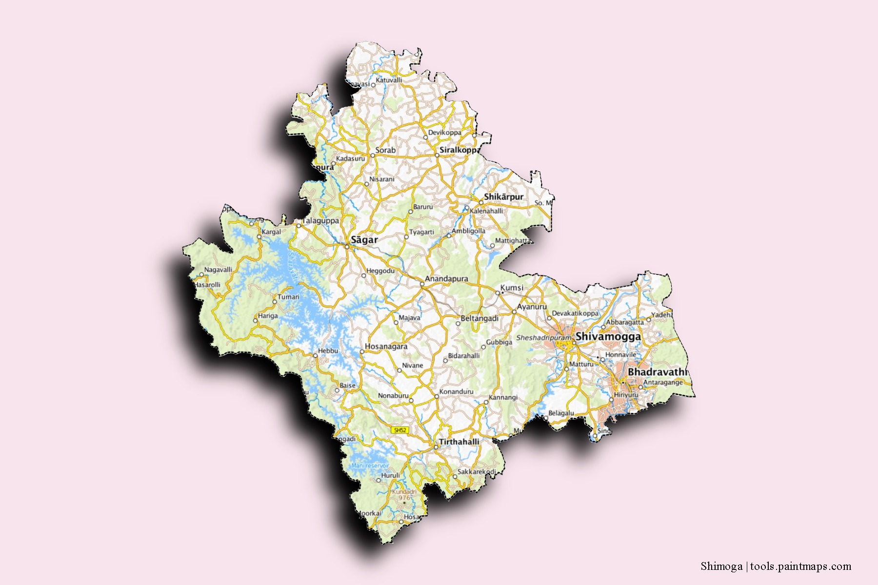 Mapa de barrios y pueblos de Shimoga con efecto de sombra 3D