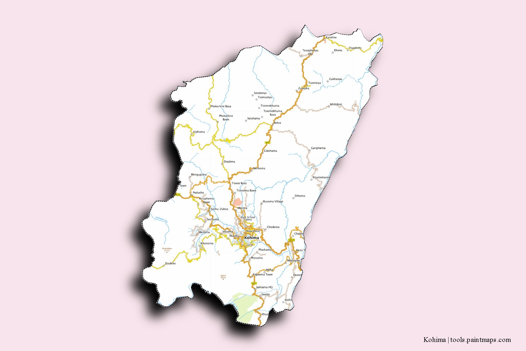 Mapa de barrios y pueblos de Kohima con efecto de sombra 3D