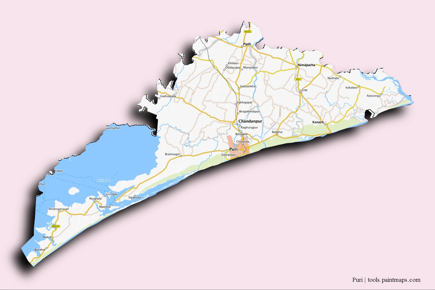 Mapa de barrios y pueblos de Puri con efecto de sombra 3D