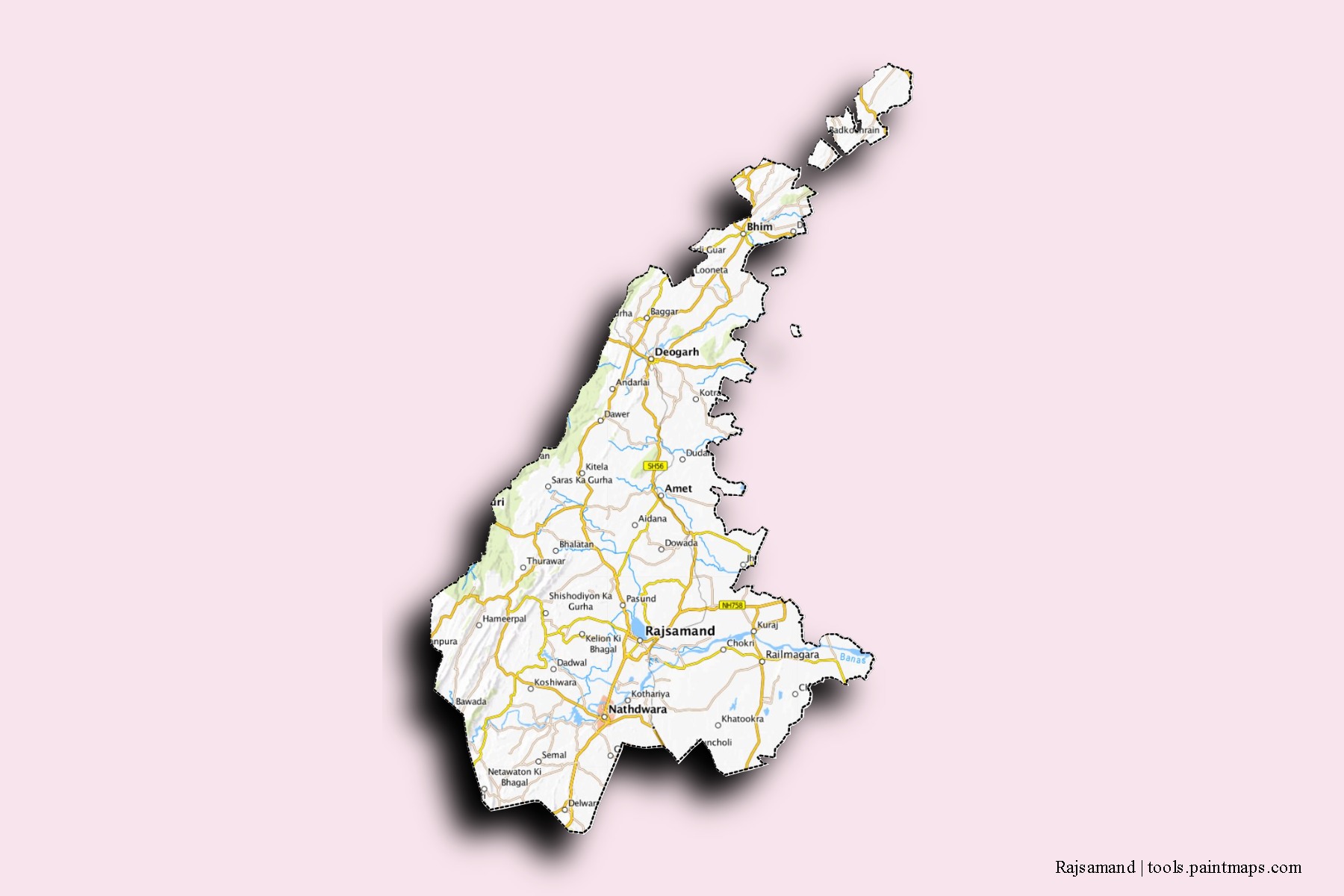 Mapa de barrios y pueblos de Rajsamand con efecto de sombra 3D