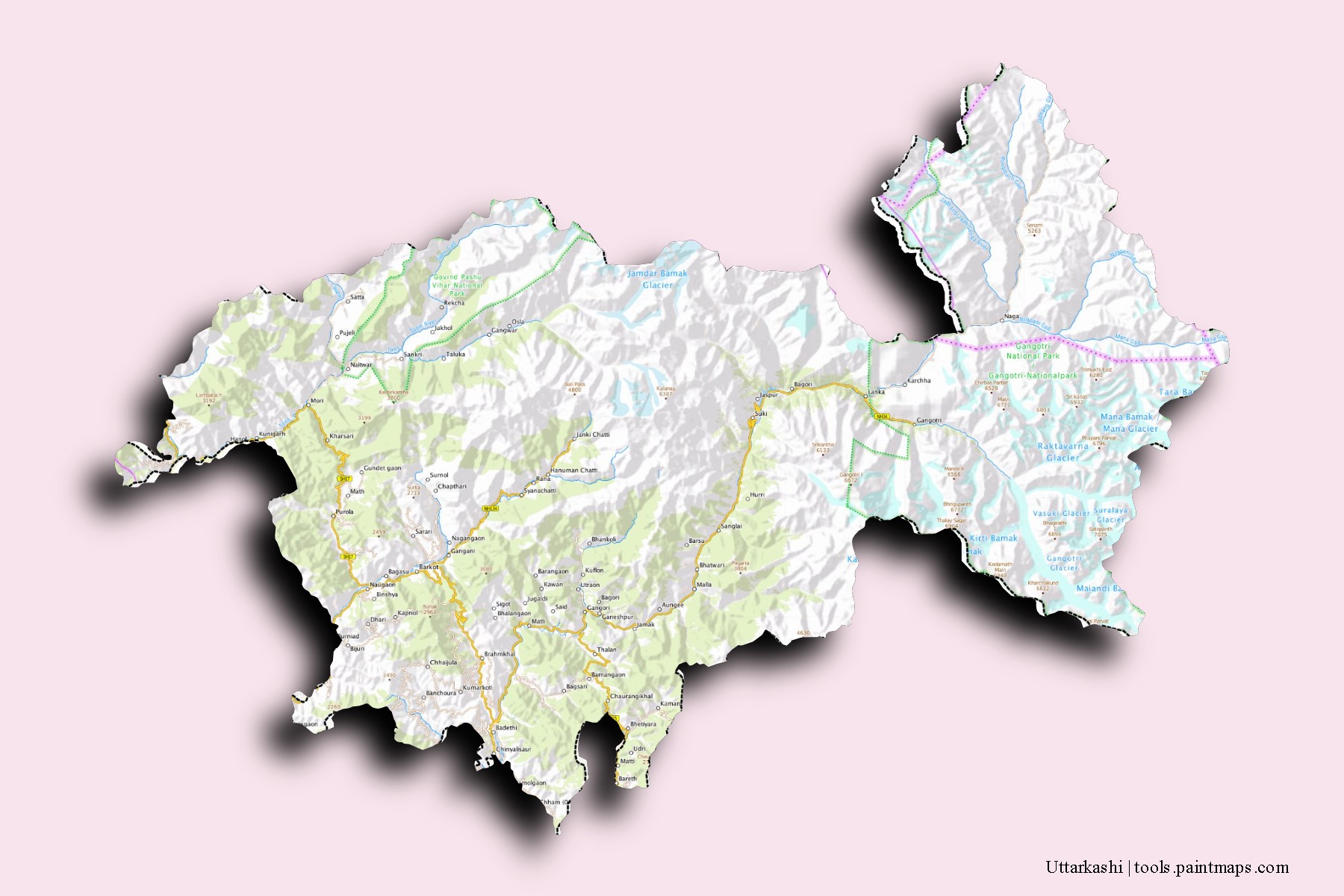 Uttarkashi neighborhoods and villages map with 3D shadow effect