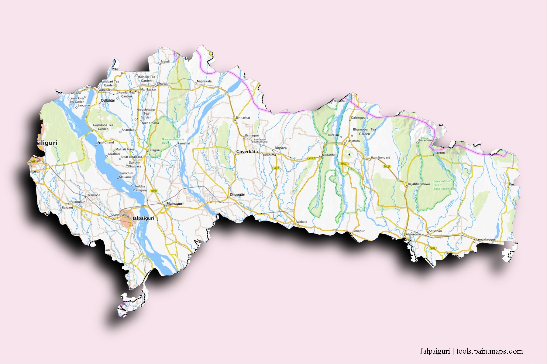 Jalpaiguri neighborhoods and villages map with 3D shadow effect