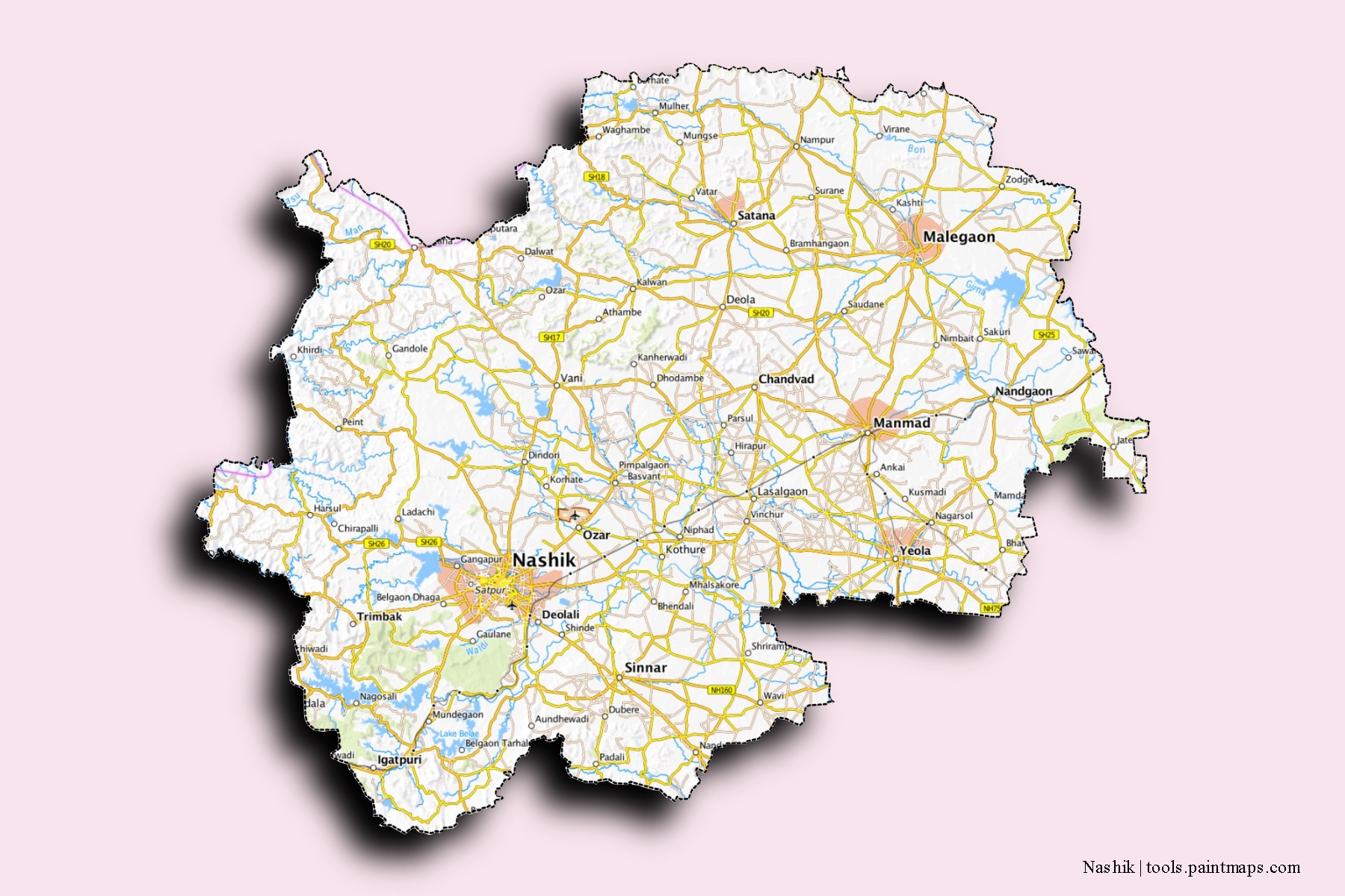 Mapa de barrios y pueblos de Nashik con efecto de sombra 3D