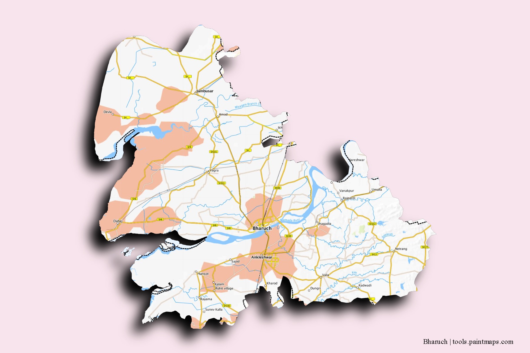 Bharuch neighborhoods and villages map with 3D shadow effect