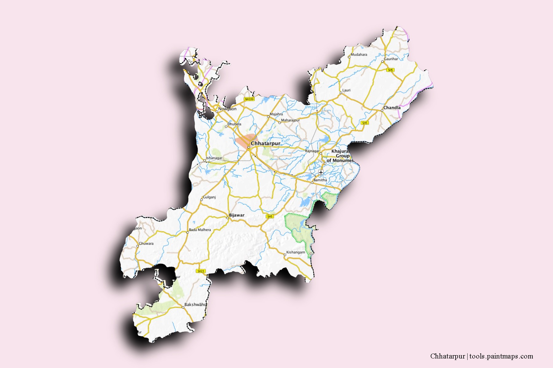 Mapa de barrios y pueblos de Chhatarpur con efecto de sombra 3D