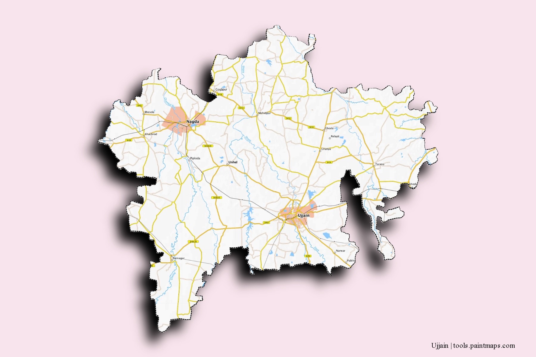 3D gölge efektli Ujjain mahalleleri ve köyleri haritası