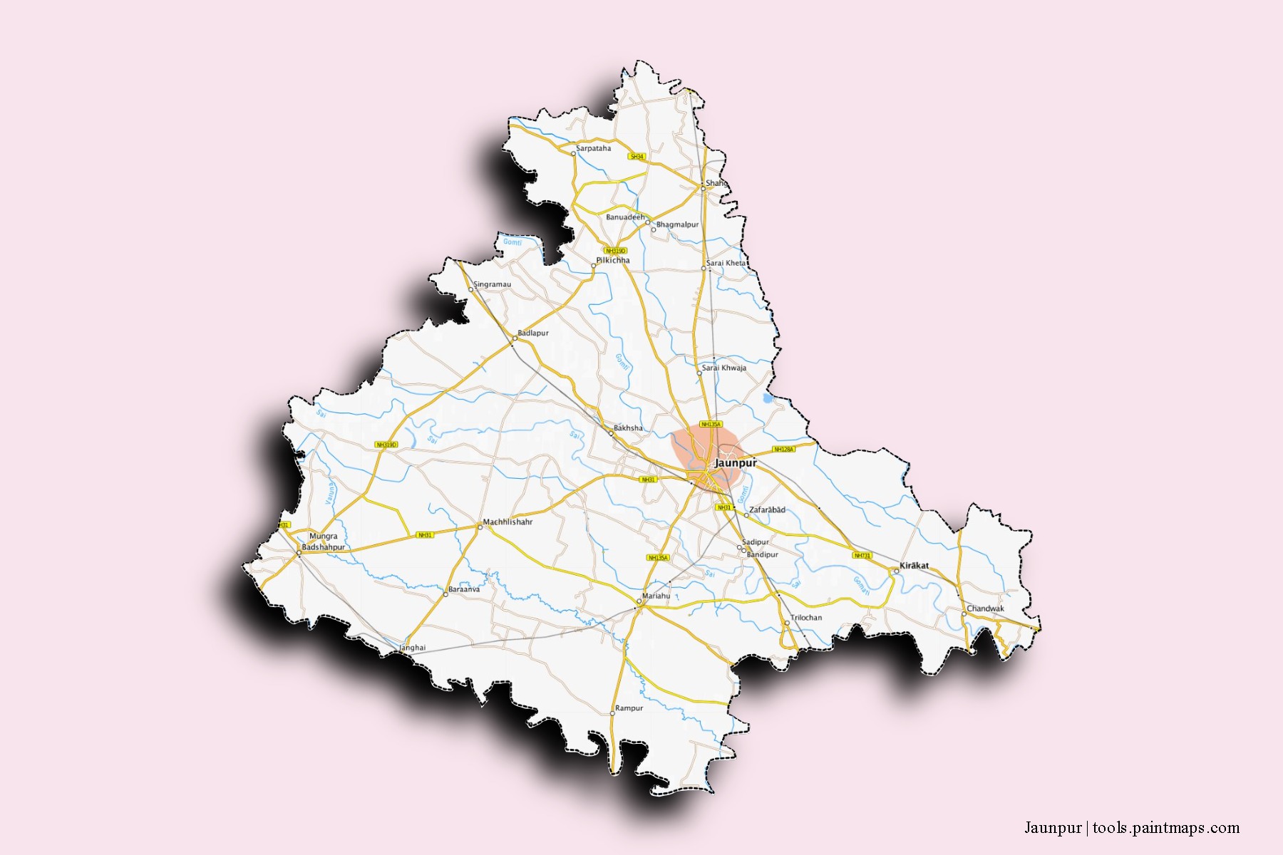 Mapa de barrios y pueblos de Jaunpur con efecto de sombra 3D