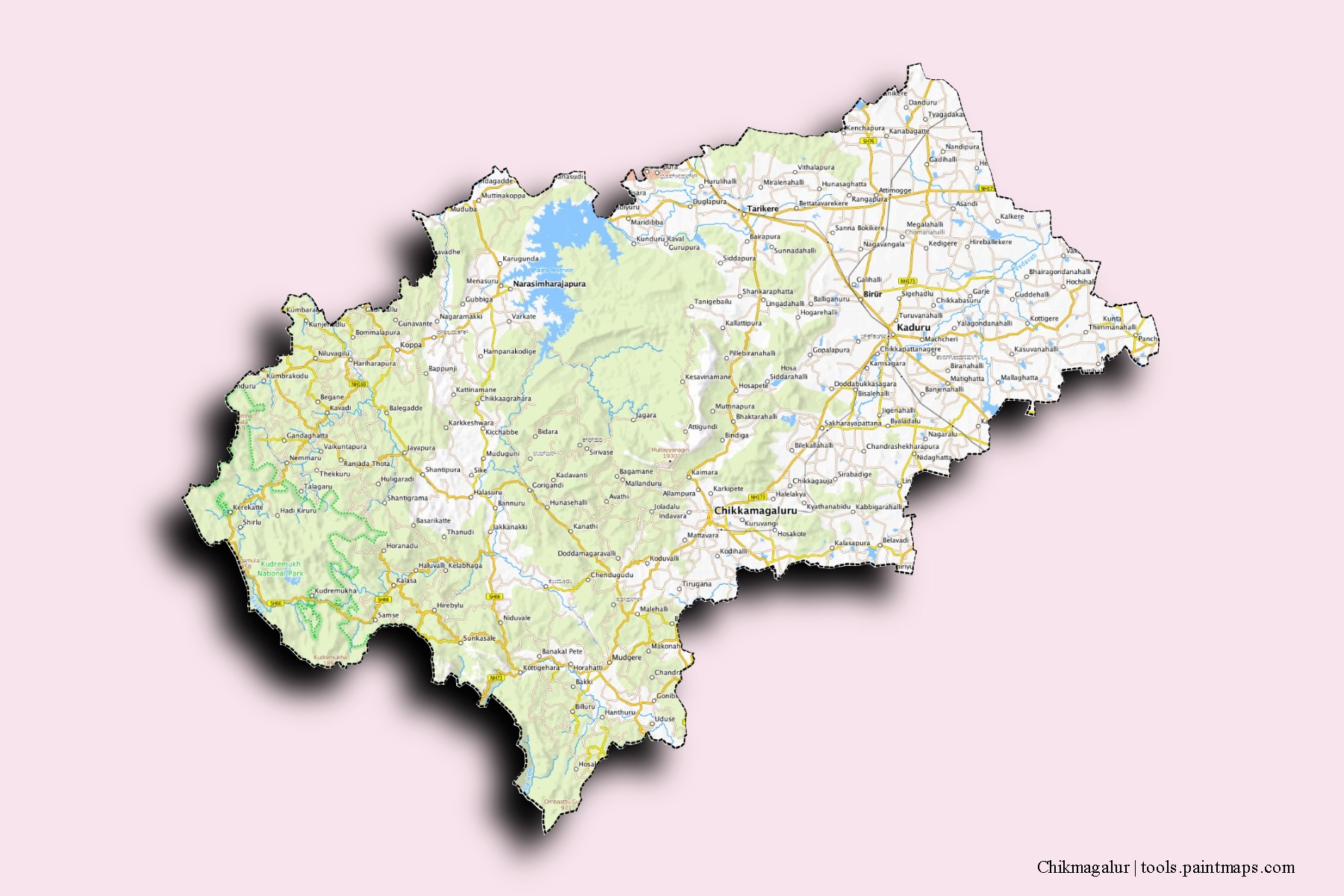 Mapa de barrios y pueblos de Chikmagalur con efecto de sombra 3D