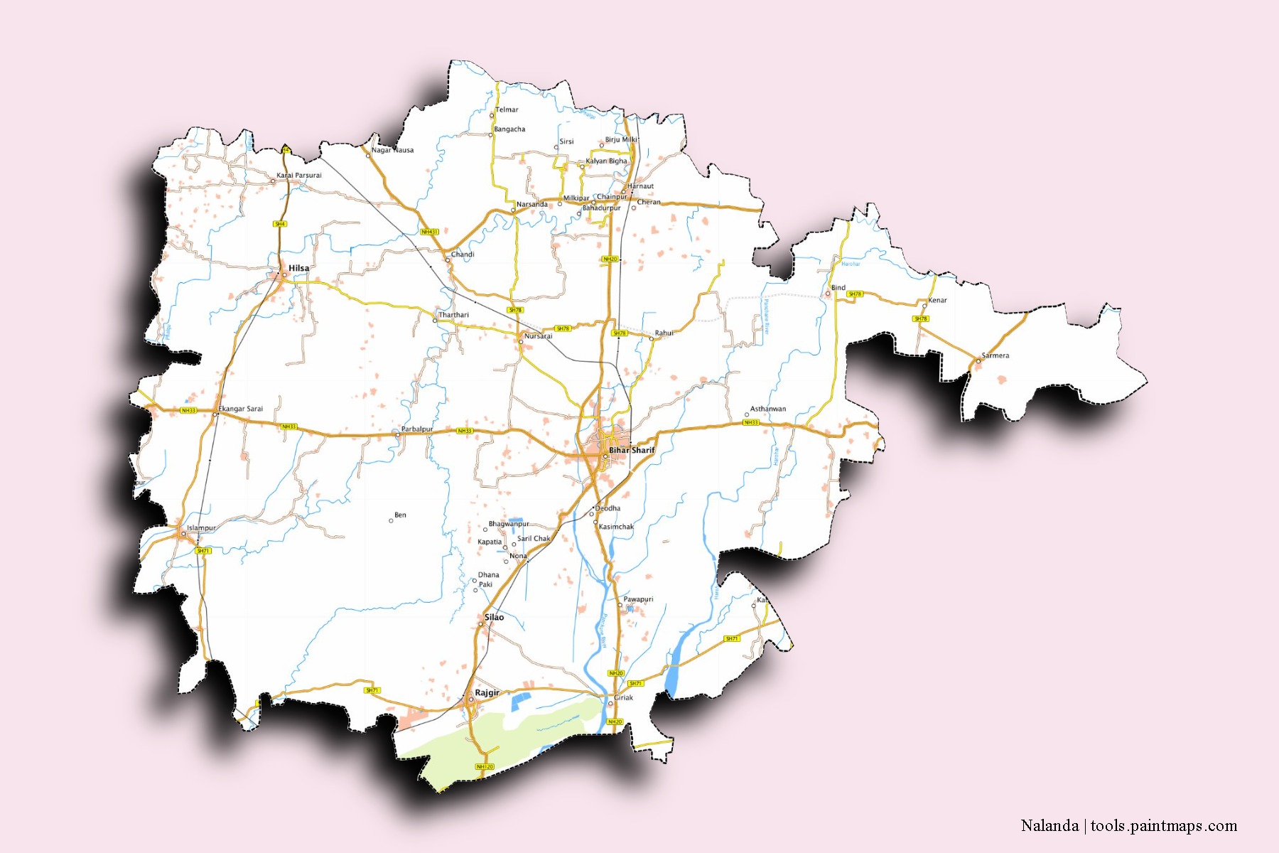 Nalanda neighborhoods and villages map with 3D shadow effect