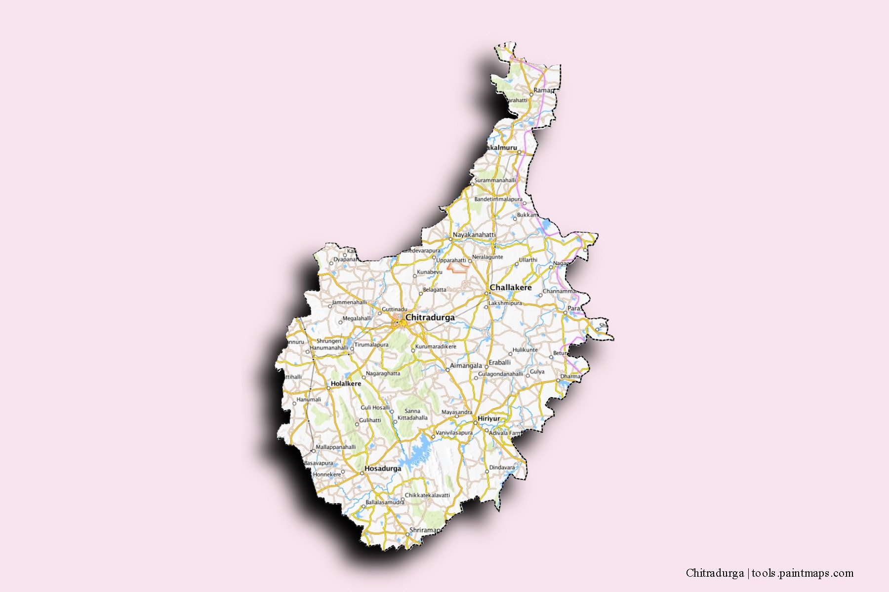 Mapa de barrios y pueblos de Chitradurga con efecto de sombra 3D