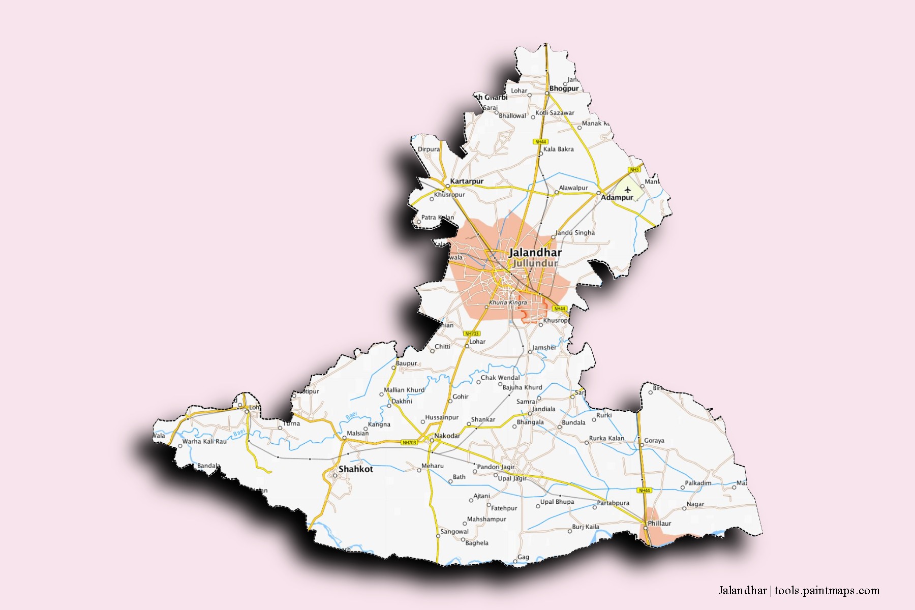 Jalandhar neighborhoods and villages map with 3D shadow effect