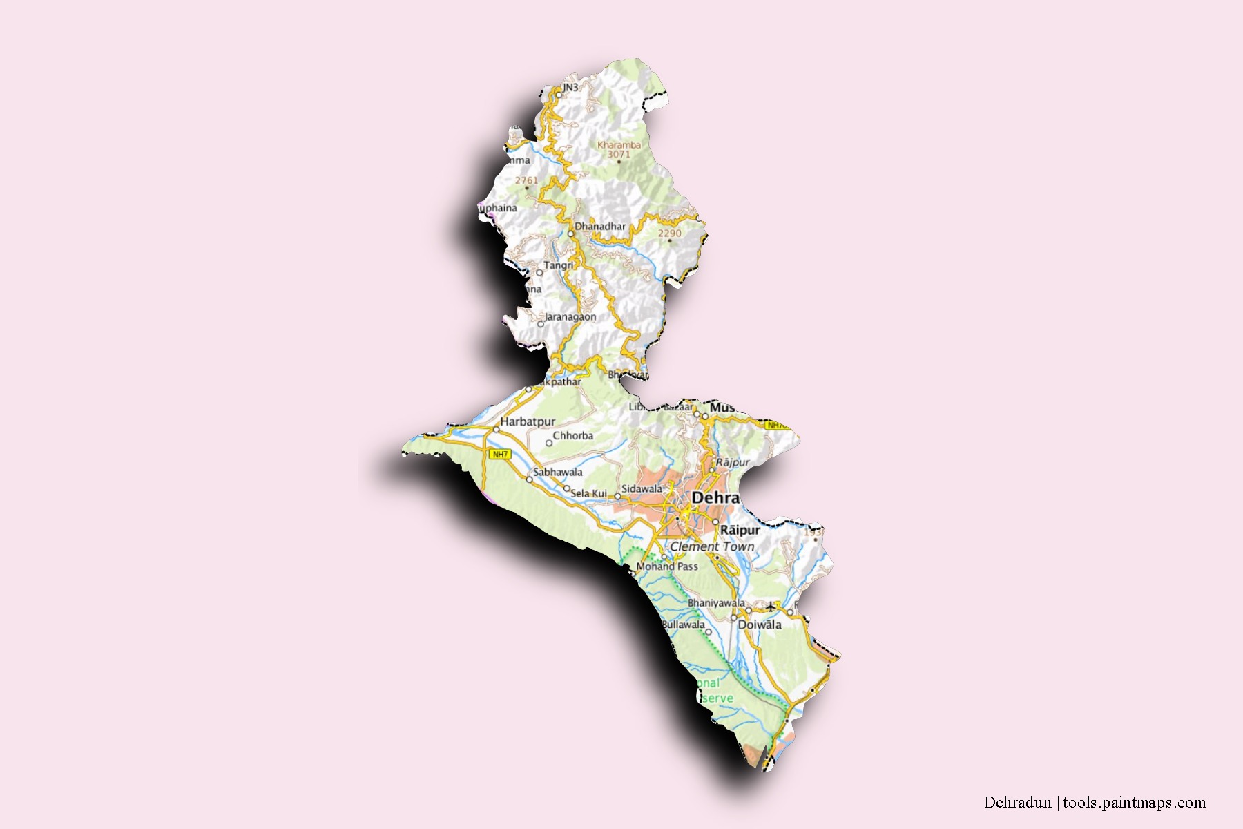 Dehradun neighborhoods and villages map with 3D shadow effect