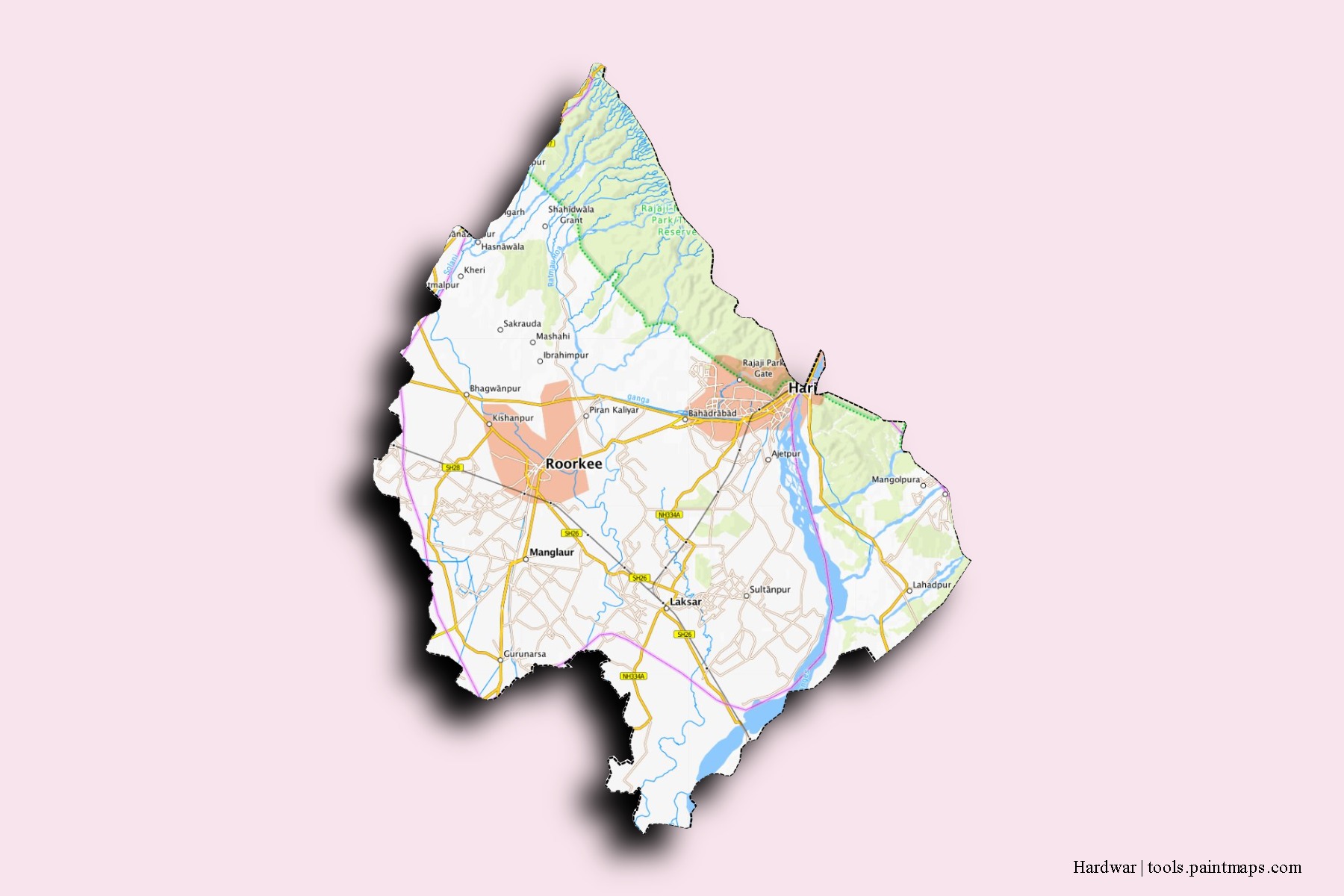 Haridwar neighborhoods and villages map with 3D shadow effect