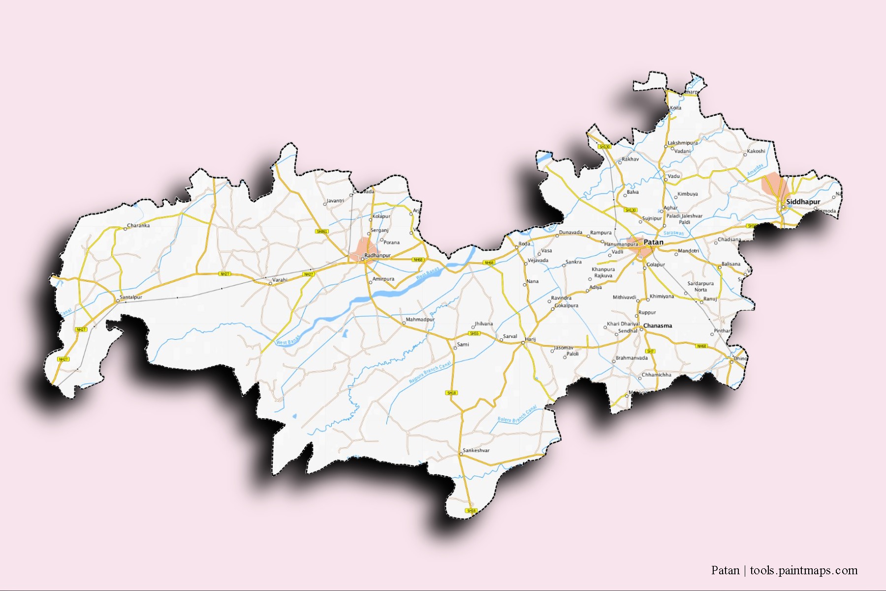 Patan neighborhoods and villages map with 3D shadow effect