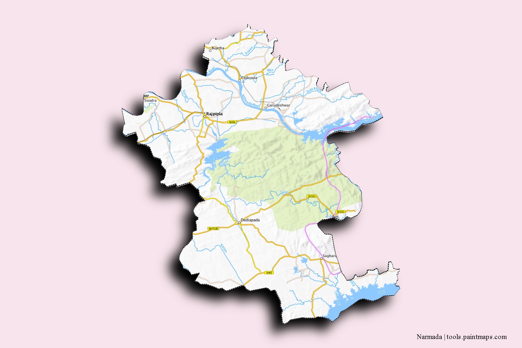 Mapa de barrios y pueblos de Narmada con efecto de sombra 3D