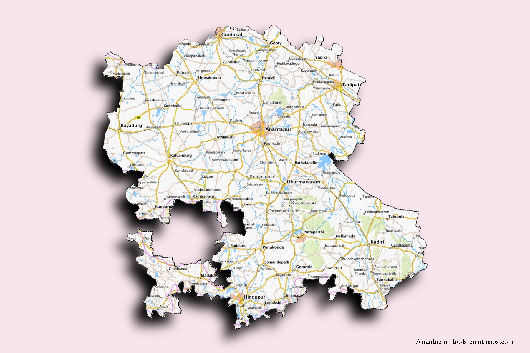 Mapa de barrios y pueblos de Anantapur con efecto de sombra 3D