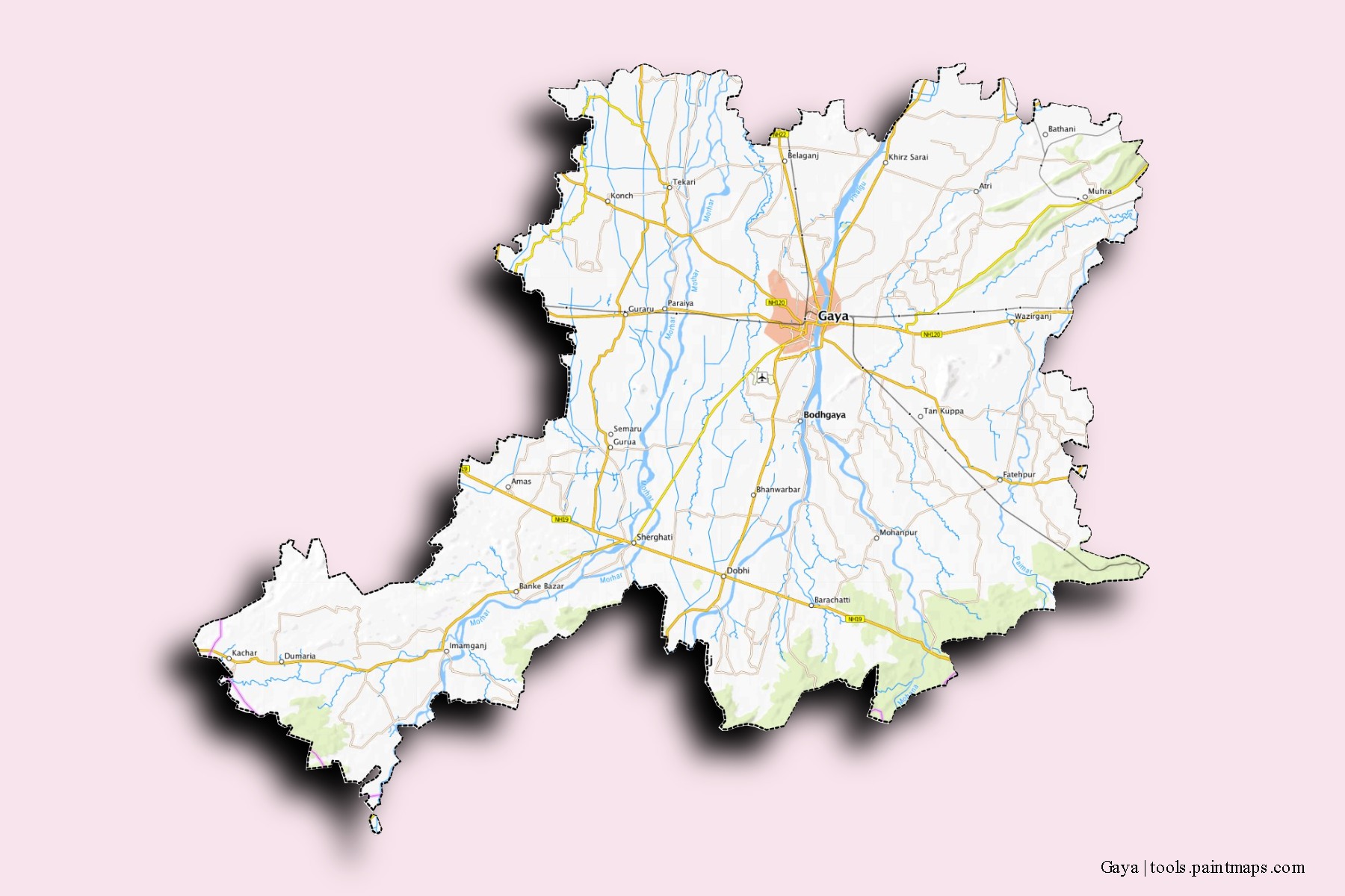 Mapa de barrios y pueblos de Gaya con efecto de sombra 3D