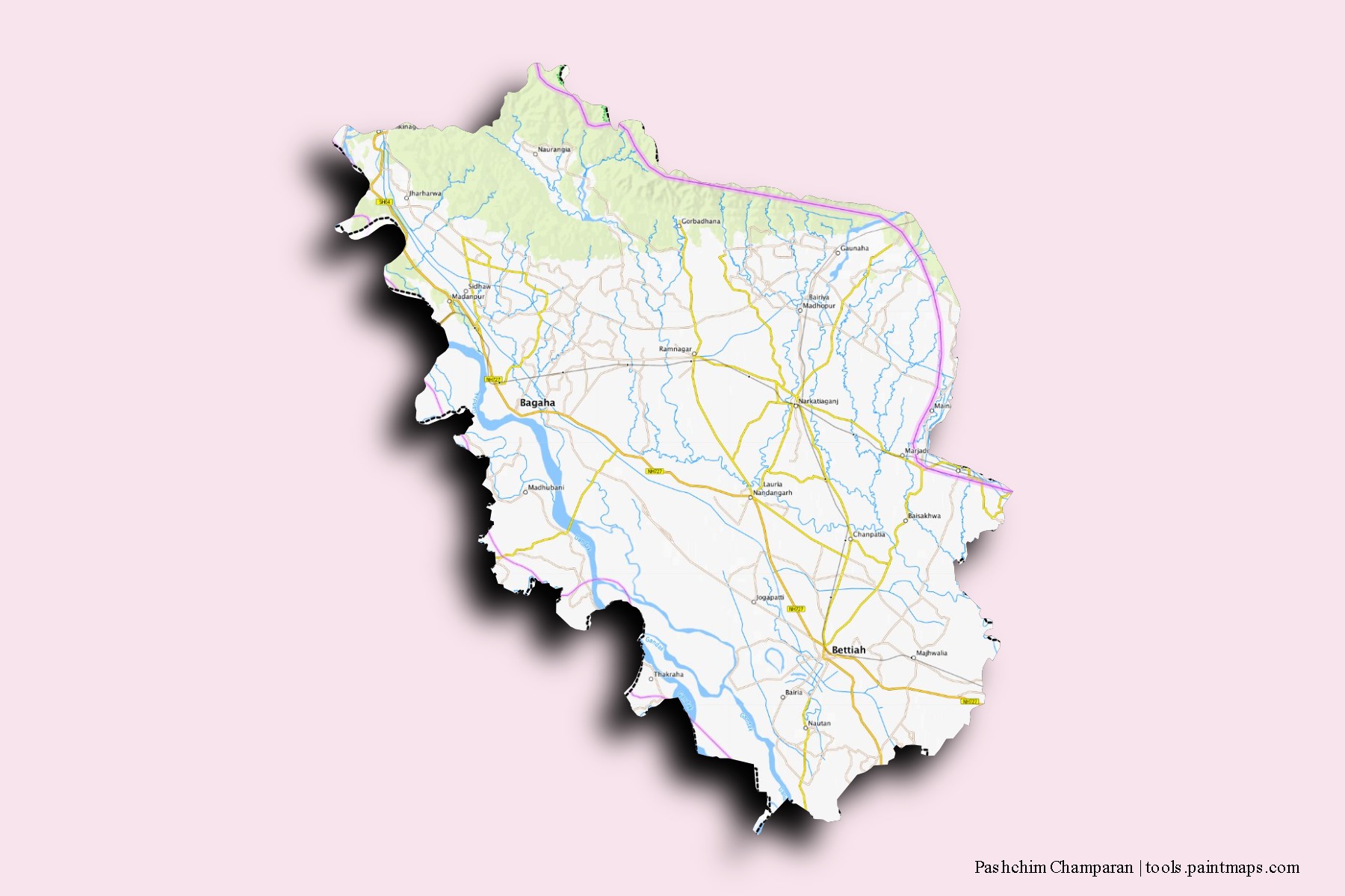 West Champaran neighborhoods and villages map with 3D shadow effect