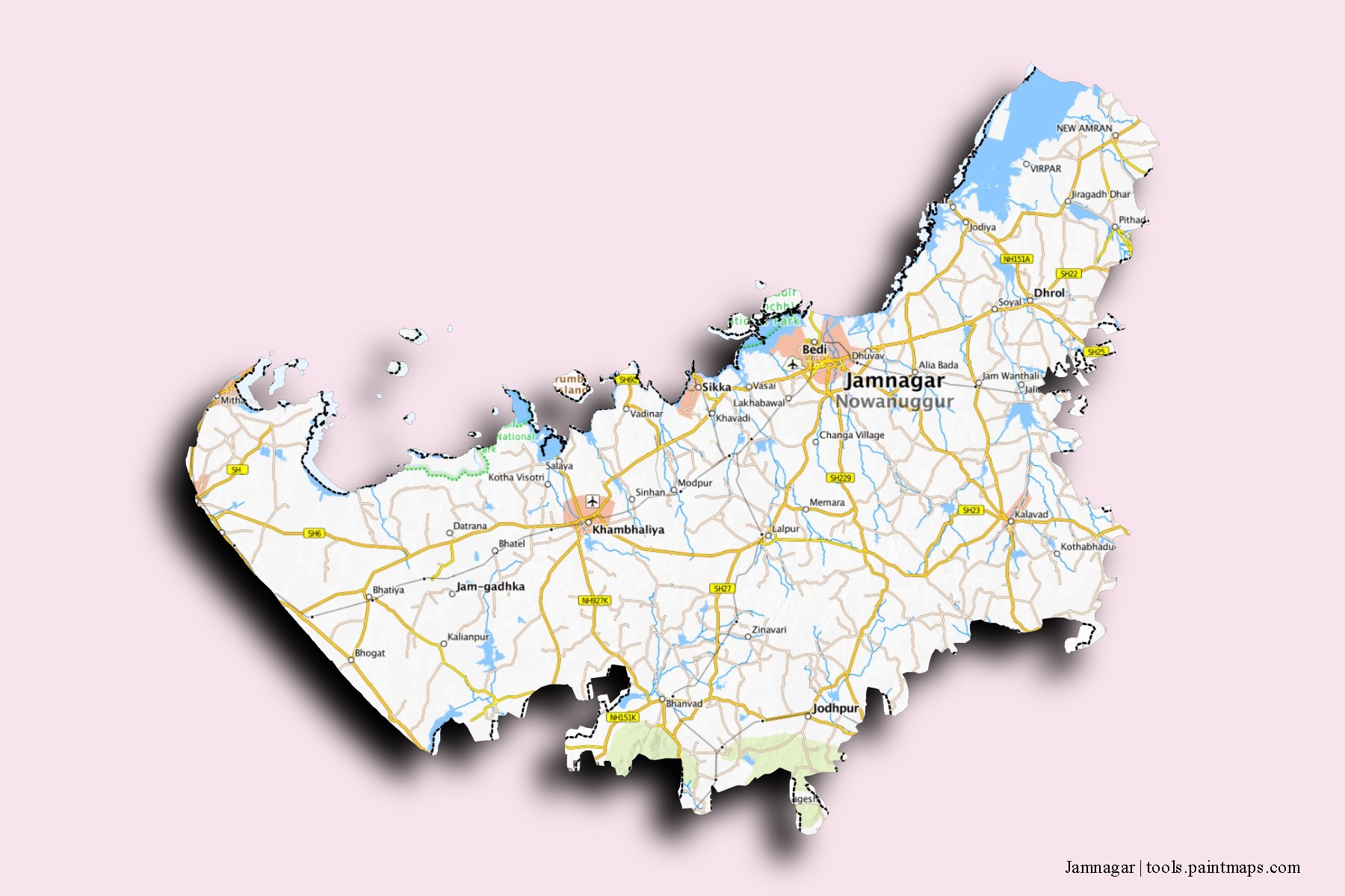 Jamnagar neighborhoods and villages map with 3D shadow effect