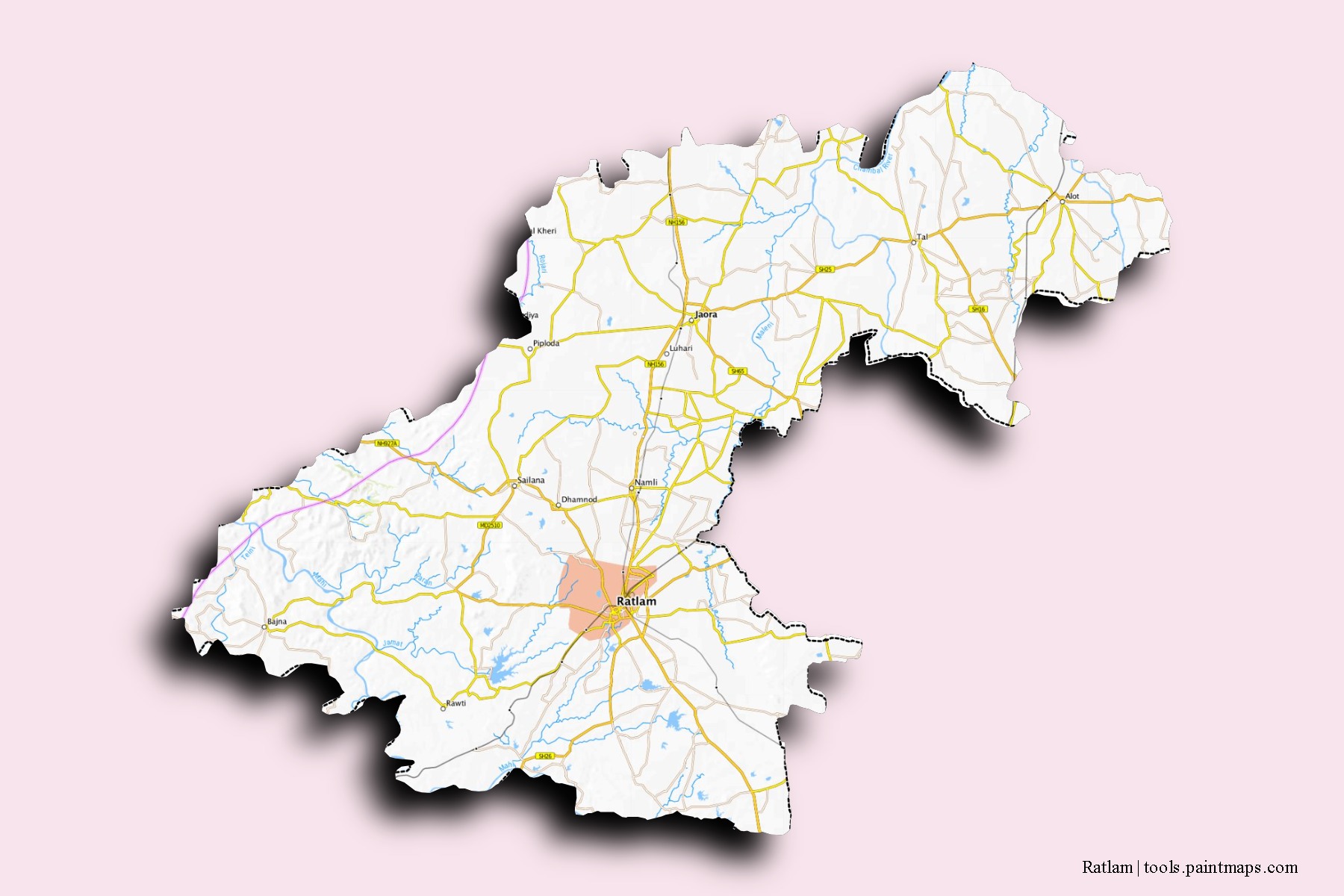 Mapa de barrios y pueblos de Ratlam con efecto de sombra 3D