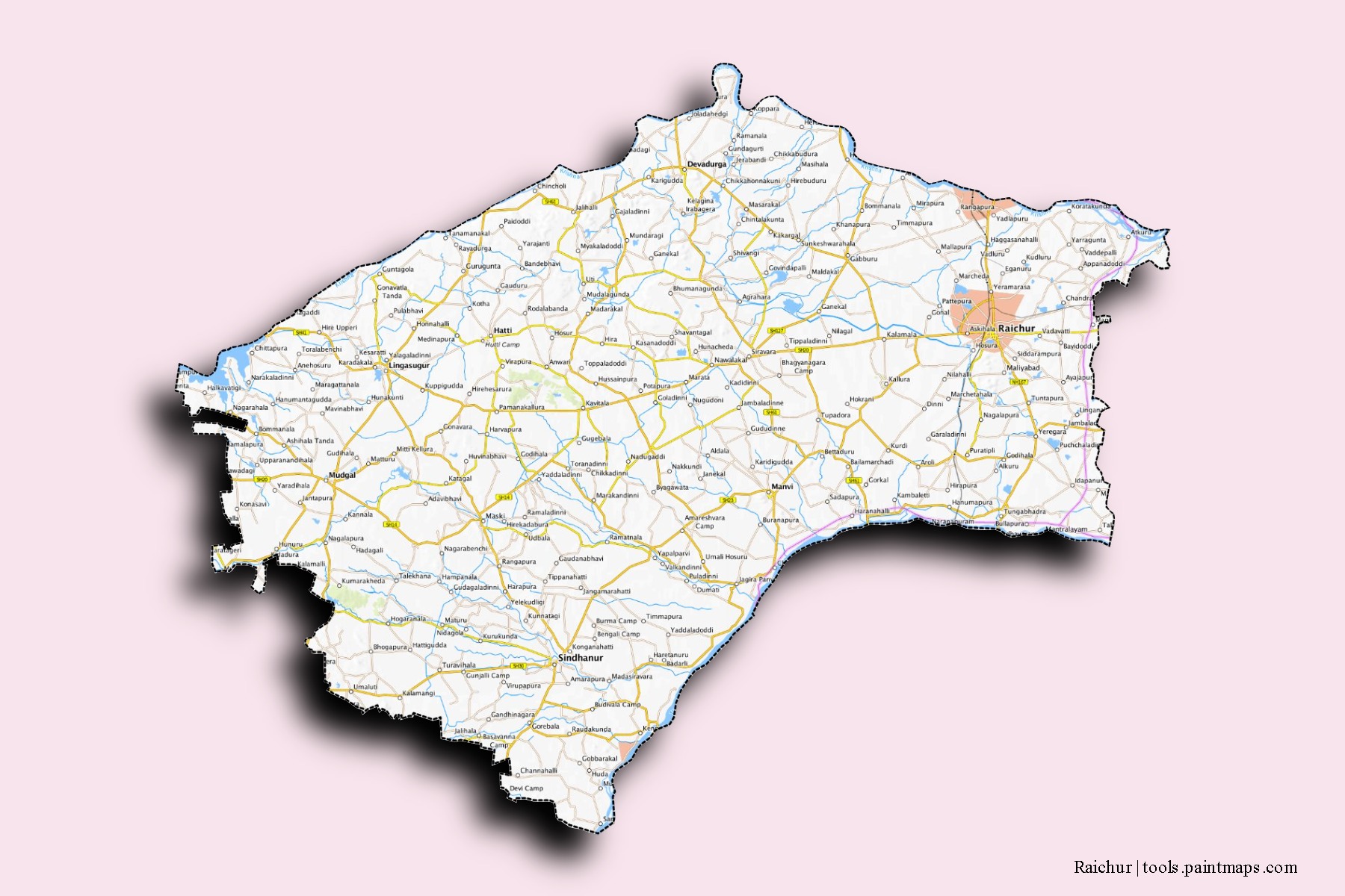 Mapa de barrios y pueblos de Raichur con efecto de sombra 3D