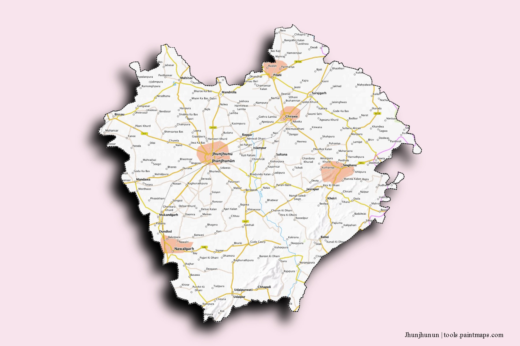 Mapa de barrios y pueblos de Jhunjhunun con efecto de sombra 3D