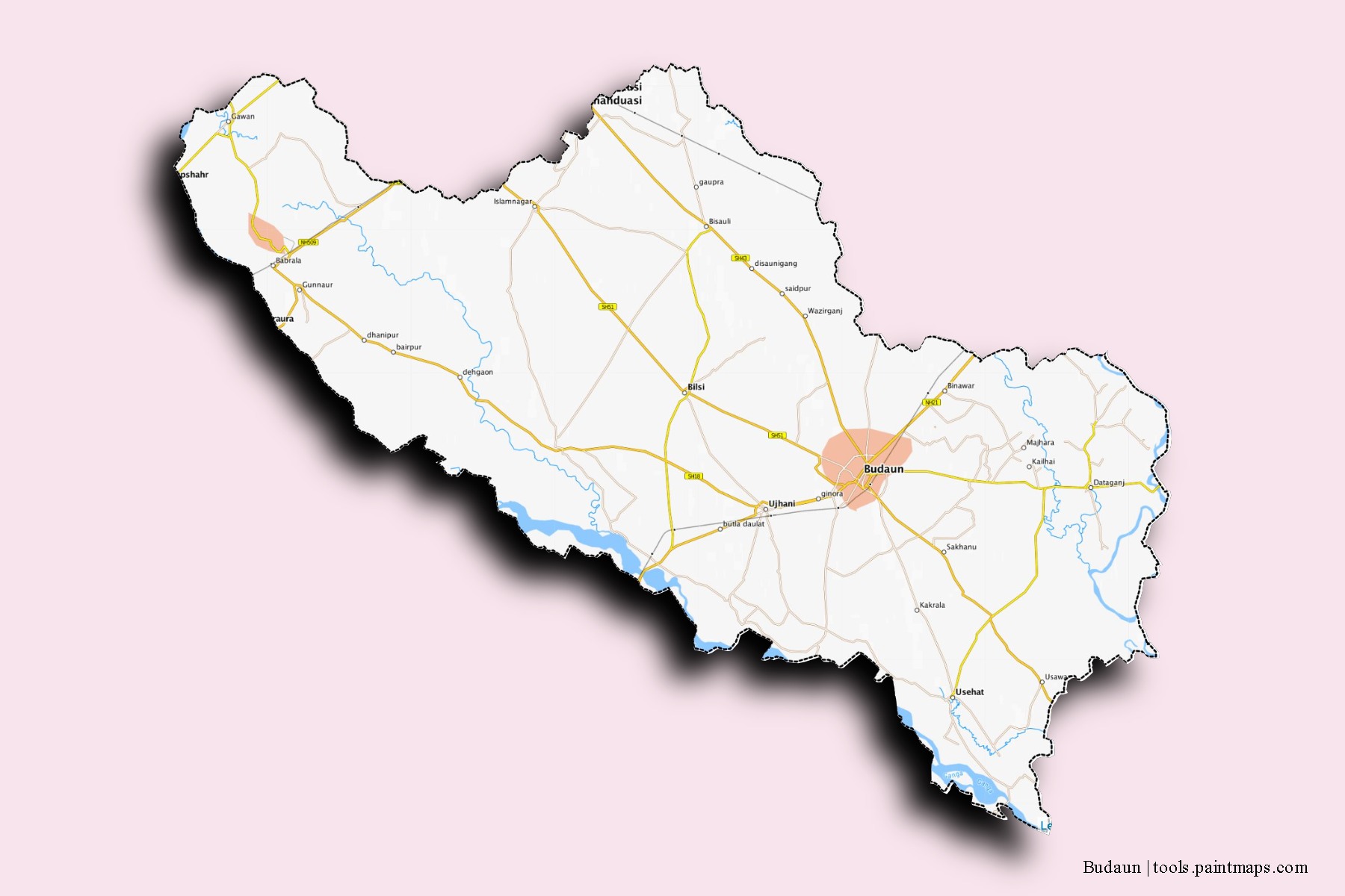 Budaun neighborhoods and villages map with 3D shadow effect