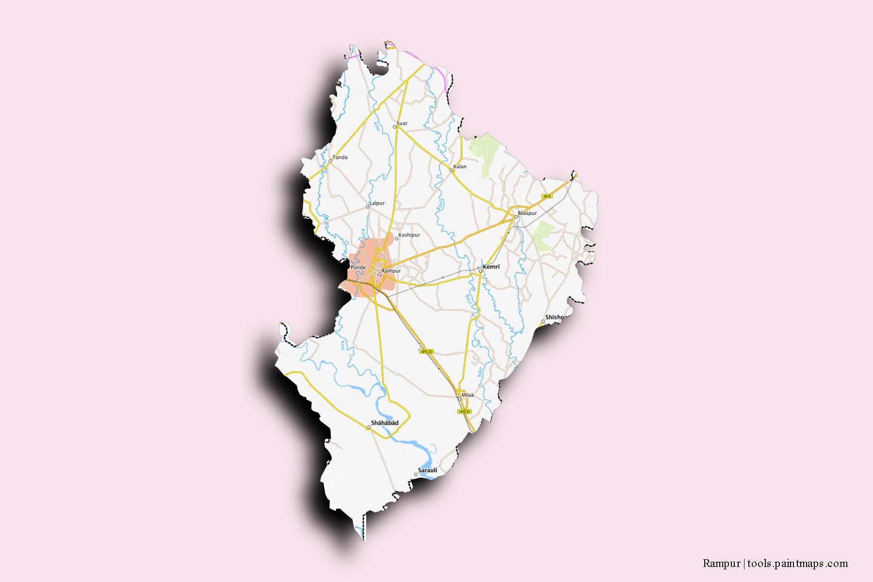 Mapa de barrios y pueblos de Rampur con efecto de sombra 3D