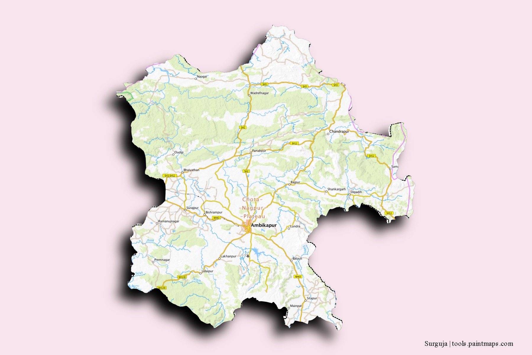 Mapa de barrios y pueblos de Surguja con efecto de sombra 3D