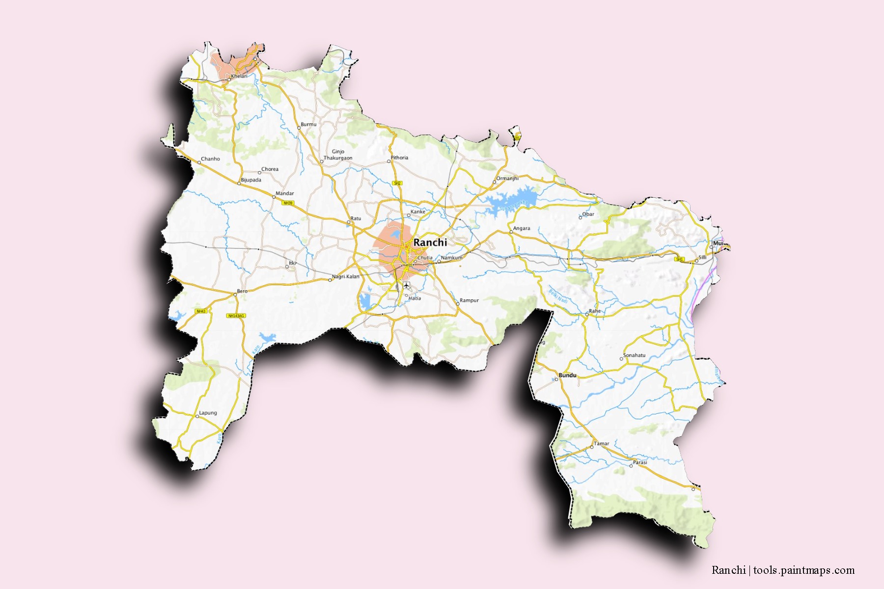 Ranchi neighborhoods and villages map with 3D shadow effect