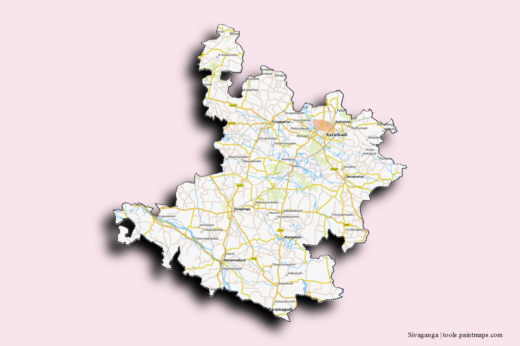 Mapa de barrios y pueblos de Sivaganga con efecto de sombra 3D