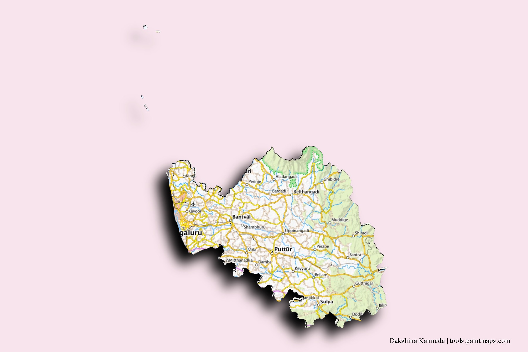 Dakshina Kannada neighborhoods and villages map with 3D shadow effect