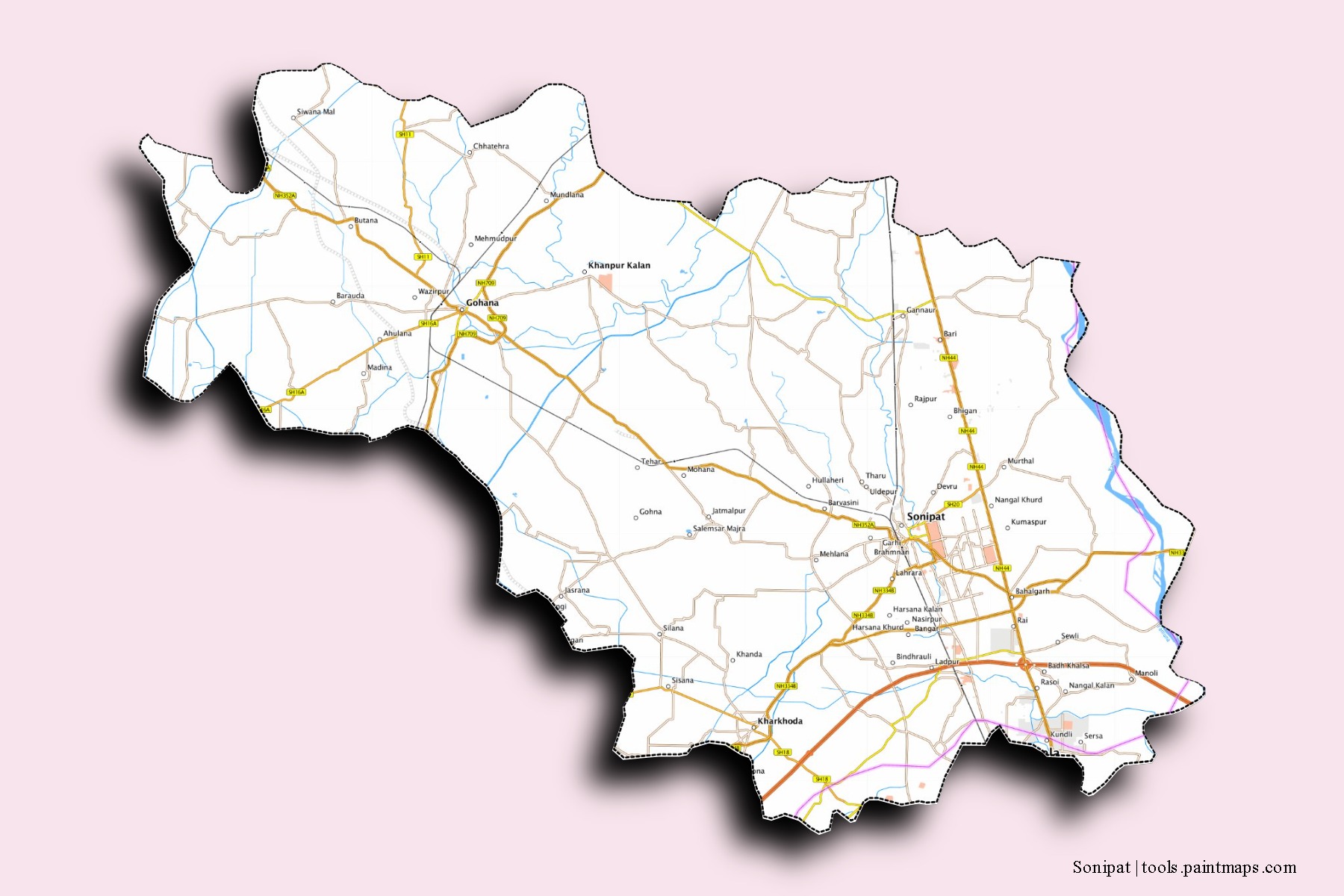 Mapa de barrios y pueblos de Sonipat con efecto de sombra 3D