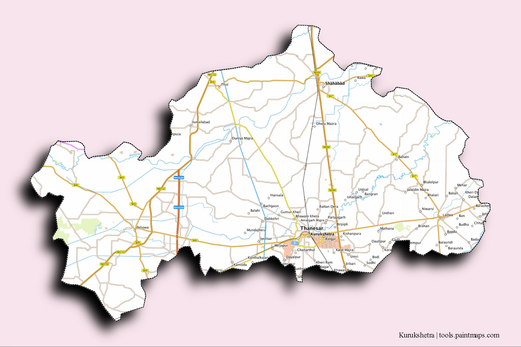 Mapa de barrios y pueblos de Kurukshetra con efecto de sombra 3D