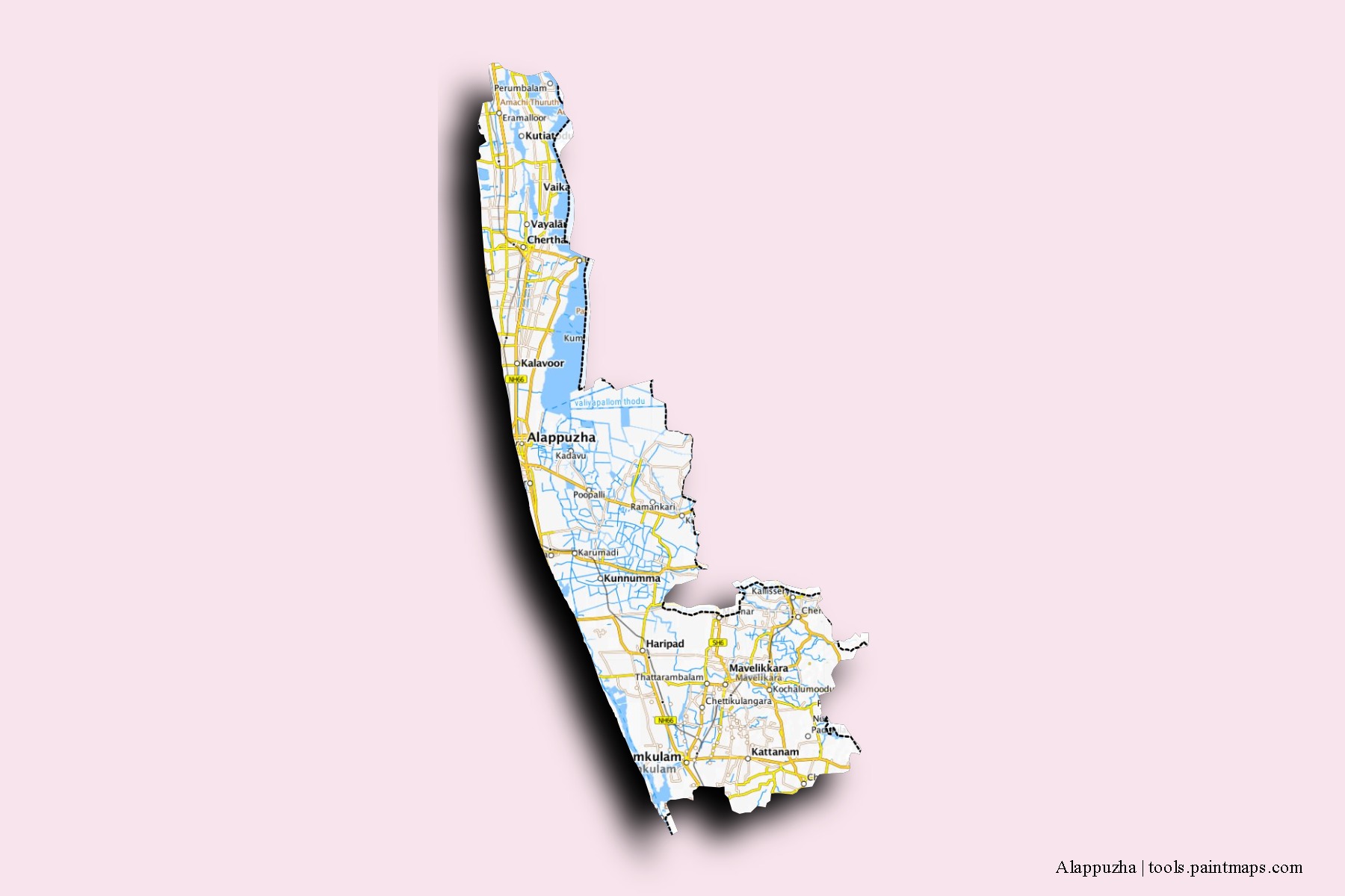 3D gölge efektli Alappuzha mahalleleri ve köyleri haritası