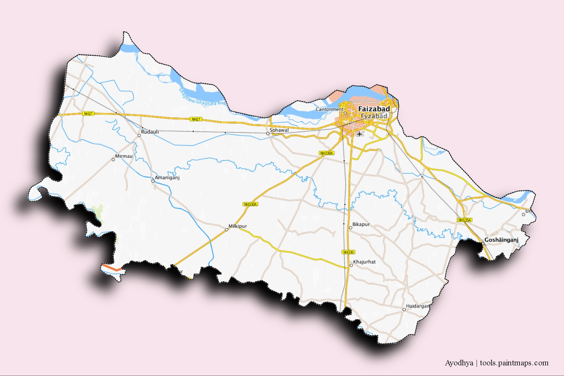 3D gölge efektli Ayodhya mahalleleri ve köyleri haritası