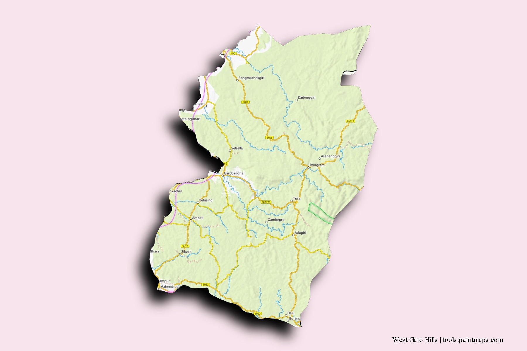 Mapa de barrios y pueblos de West Garo Hills con efecto de sombra 3D