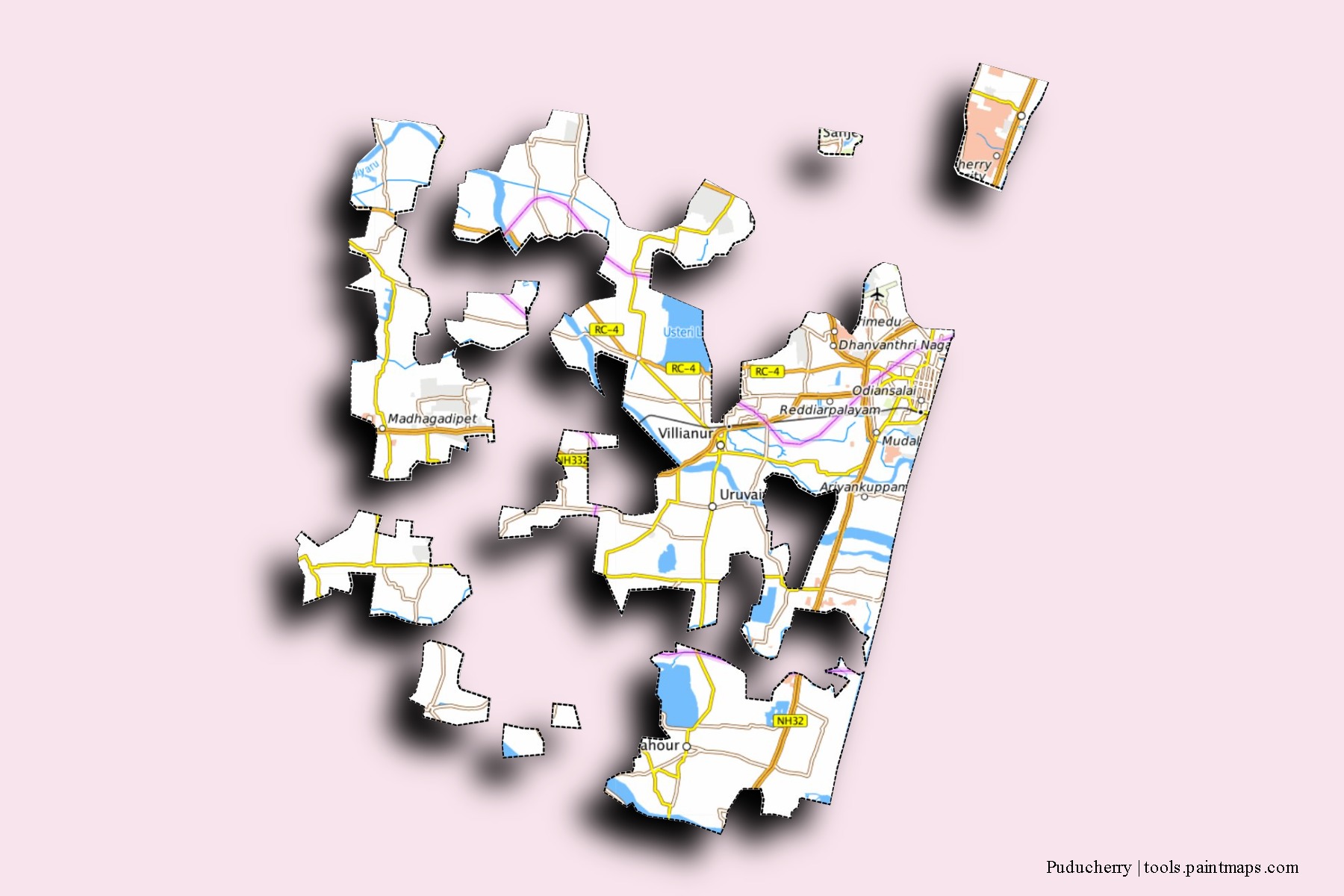 Mapa de barrios y pueblos de Puducherry con efecto de sombra 3D