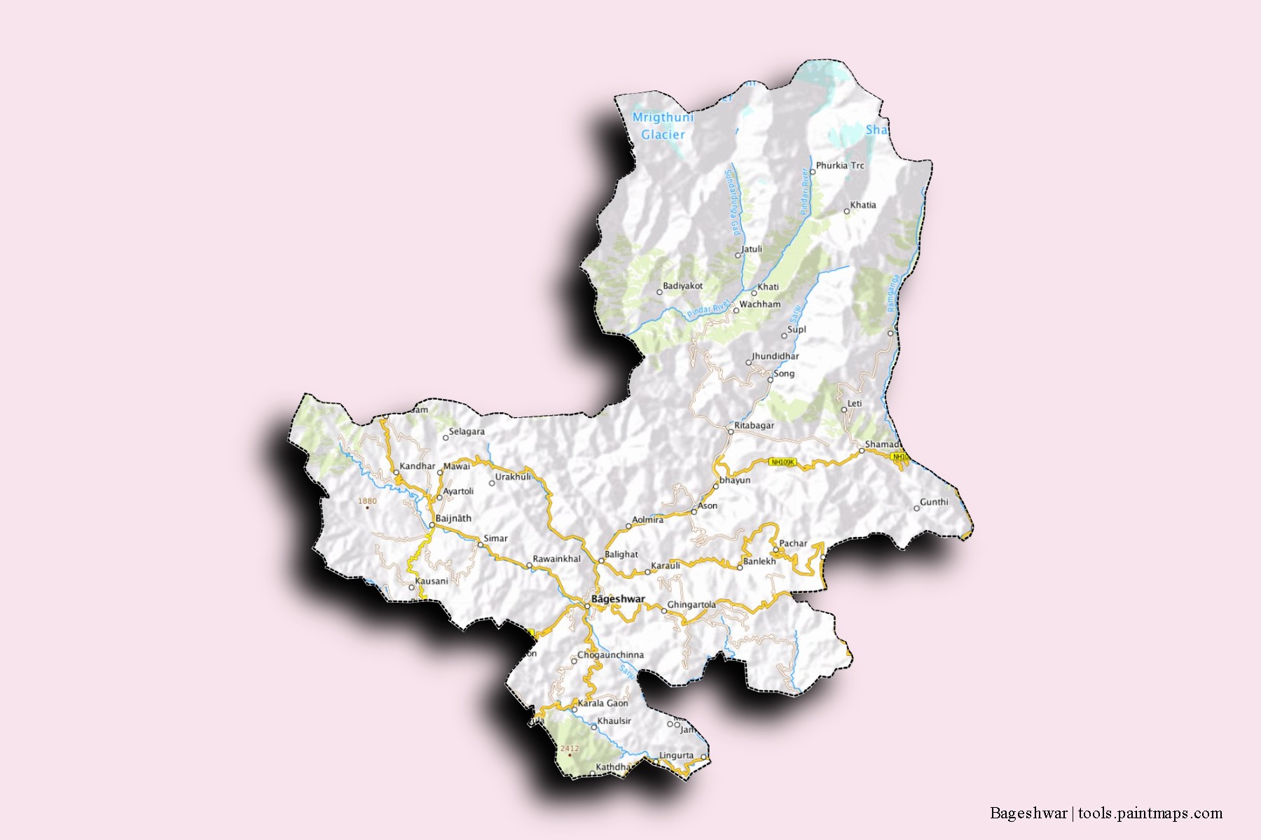 Mapa de barrios y pueblos de Bageshwar con efecto de sombra 3D